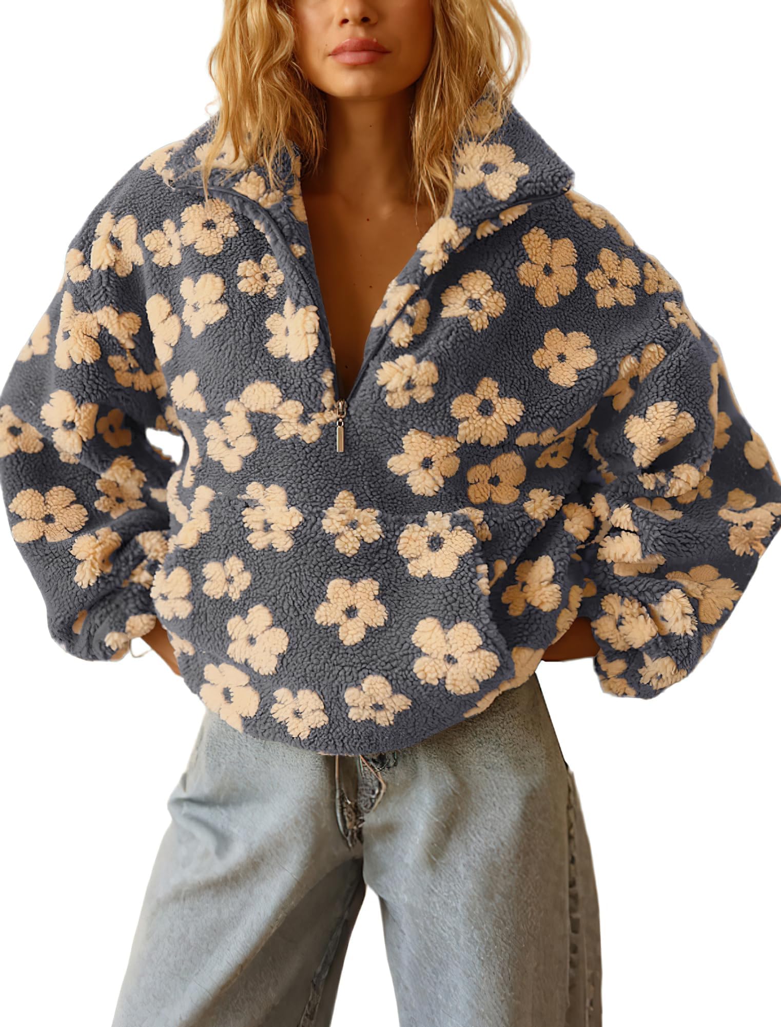 Generisch Blumen-Sweatshirts für Damen, trendig, Fleece-Pullover mit Viertel-/Halbreißverschluss, Sherpa, weich, übergroß, warm, flauschig