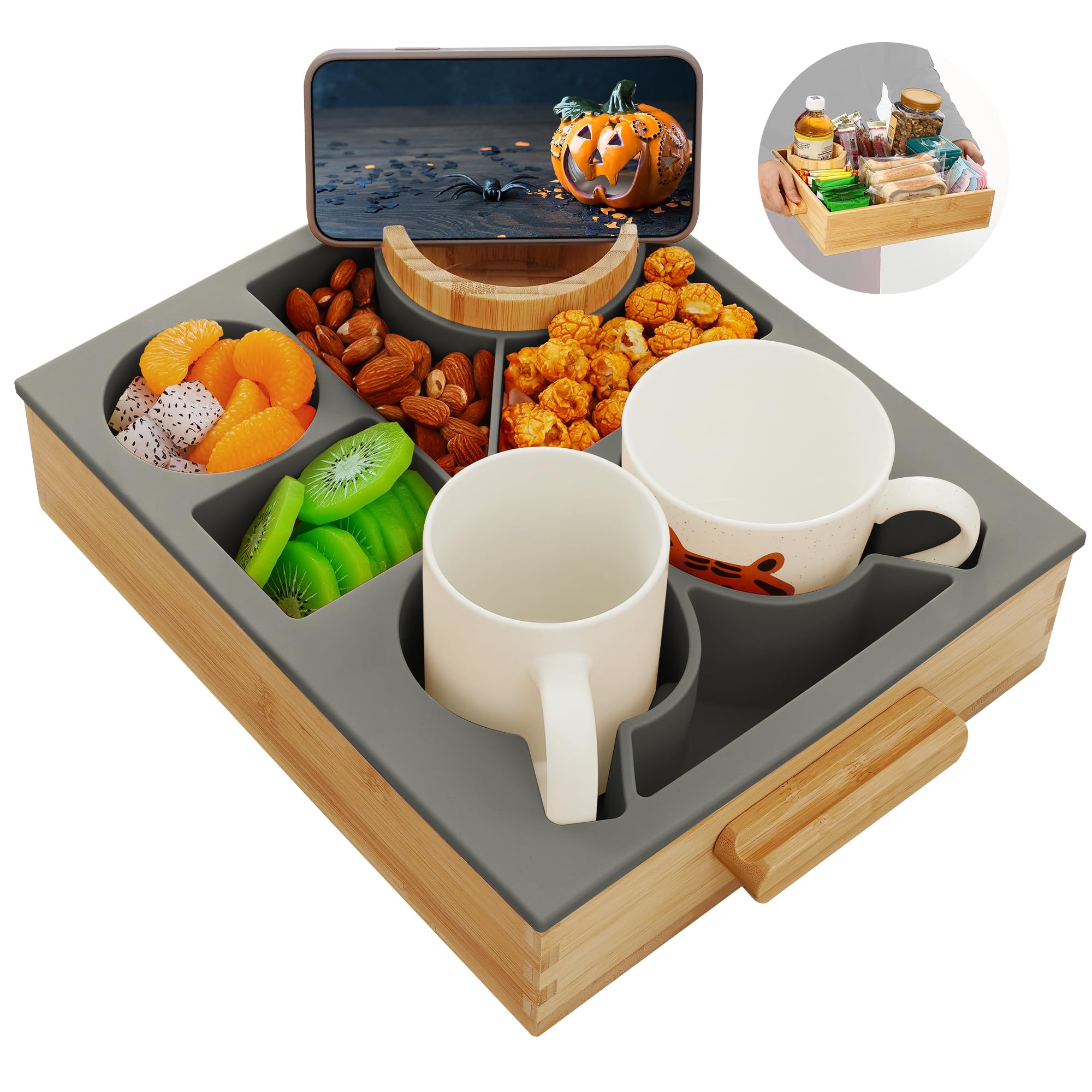 Nnewvante Couch Cup Holder Tray, 8 in 1 Divided Serving Tray with Handle for Sofa Bed RV Car Organizer Caddy Movie Night Snack Trays, Bamboo and BPA Free Silicone, Dark Grey