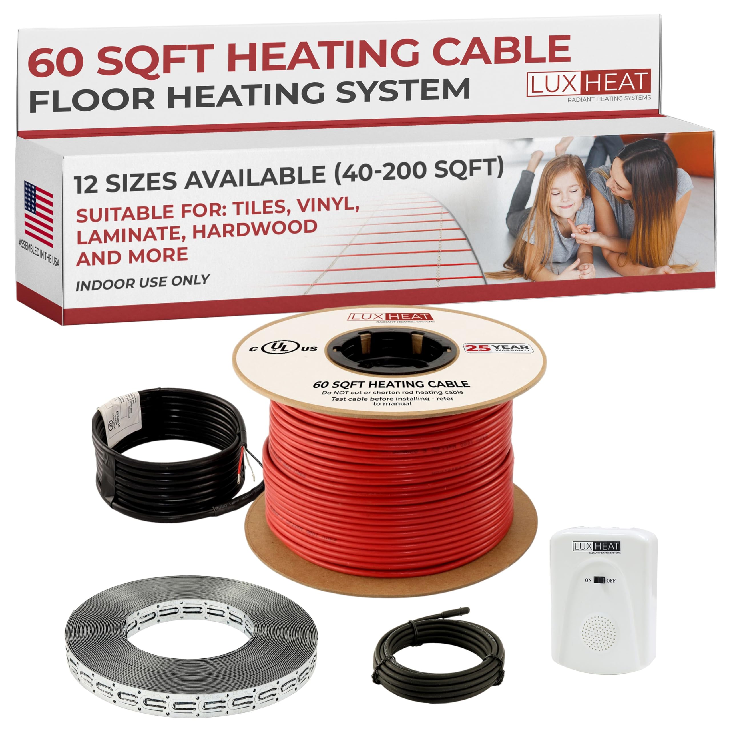 LuxHeat 60sqft Floor Heating Cable Kit - 240v Electric Heated Floor System for Tile, Vinyl, Laminate - Electric Radiant Heated Flooring System - Includes Heater Cable, Strapping, Sensor & Alarm