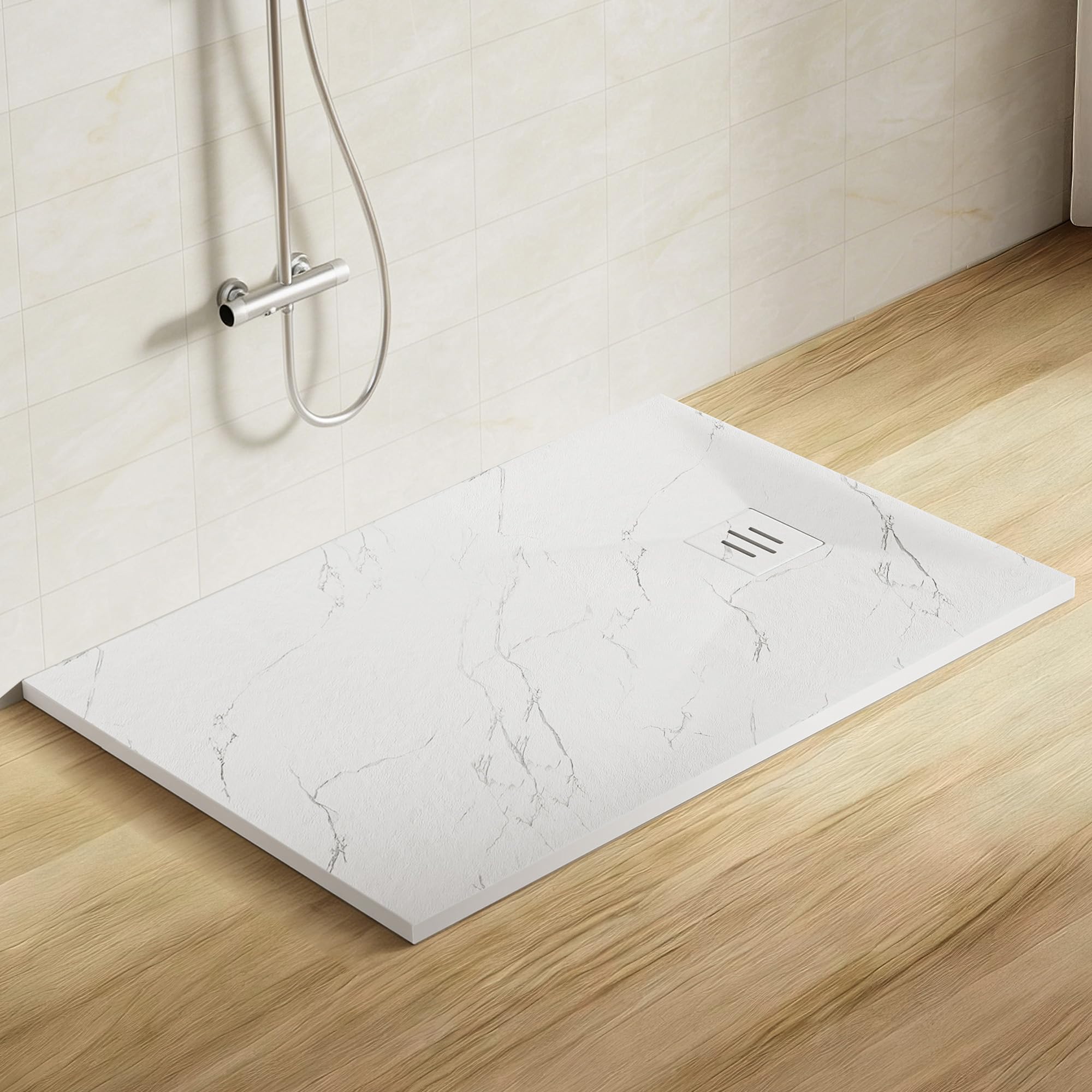 SMC Shower Trays Base Slate Stone Effect Textured Non Slip Slimline Rectangular Slip-Resistant Bathroom Shower Tray with 90mm Waste Trap, 300kg Capacity, 1200 x 800 mm, Marble White