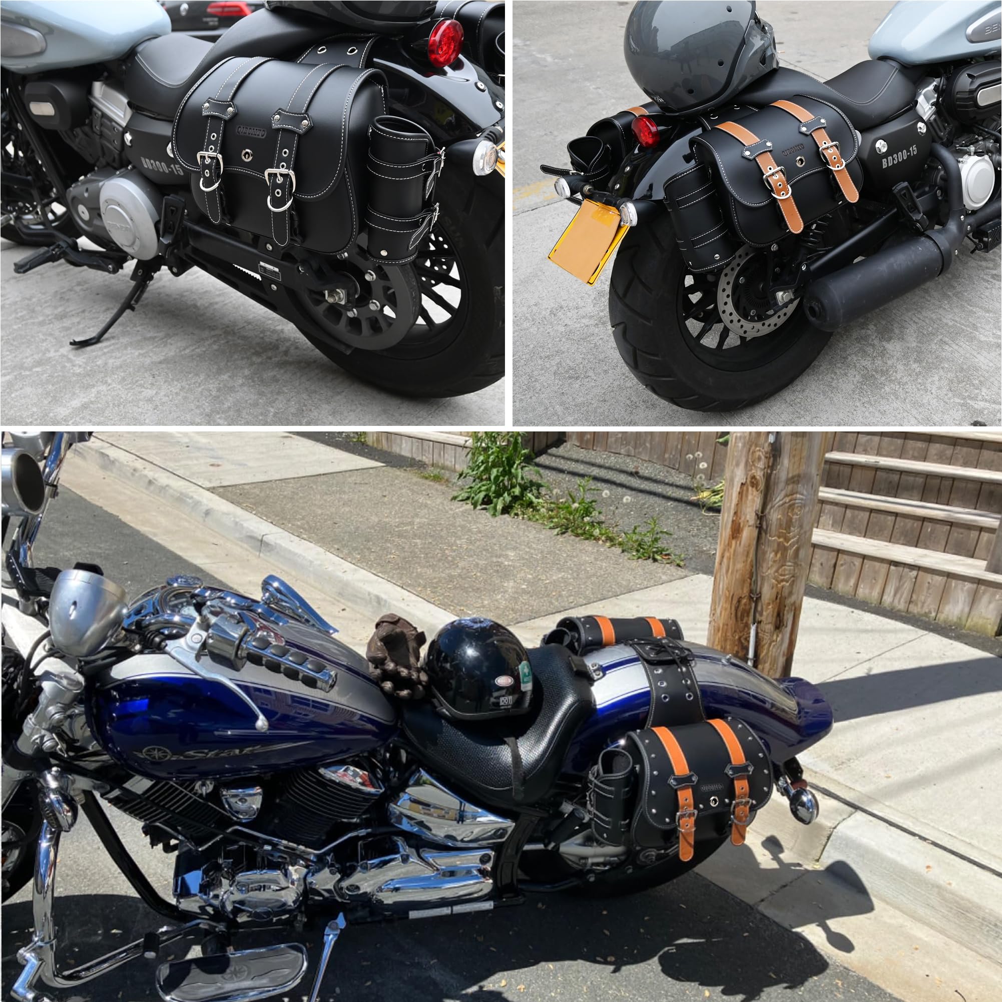 Hochdichtes Leder-Motorrad-Saddebags,Überwurftaschen,Gepäckträger,Seitentaschen mit Getränkehalter,wasserdicht,seitliche Werkzeugtasche,Aufbewahrungstasche für Motorrad,universell,1Paar,M,schwarz