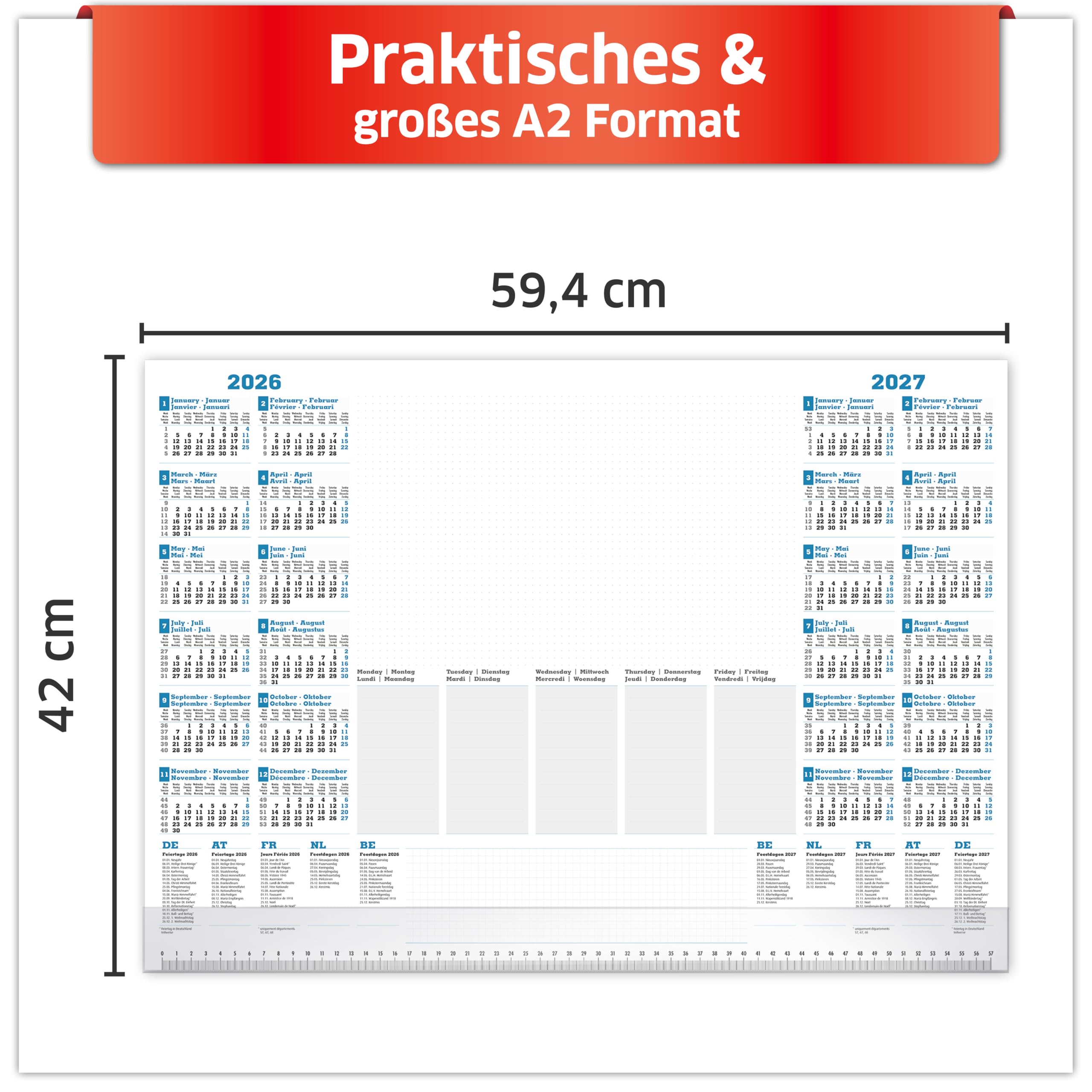 PRIMUS PRINT Schreibtischunterlage Papier DIN A2-2026 & 2027 Jahreskalender - 80g Dickes Naturpapier - Stabiler Papprücken - 25 Blatt - mit Schutzleiste - Büro und Homeoffice [10er Set]