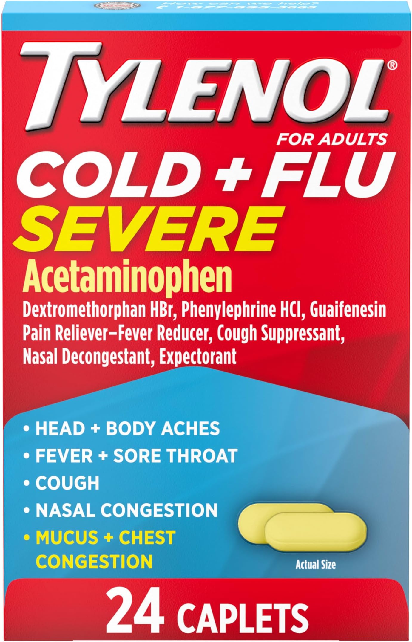 Tylenol Cold + Flu Severe Medicine Caplets for Cold & Flu Symptom Relief, Fever Reducer, Pain Reliever, Cough Suppressant, Nasal Decongestant & Expectorant with Acetaminophen, 24 ct.