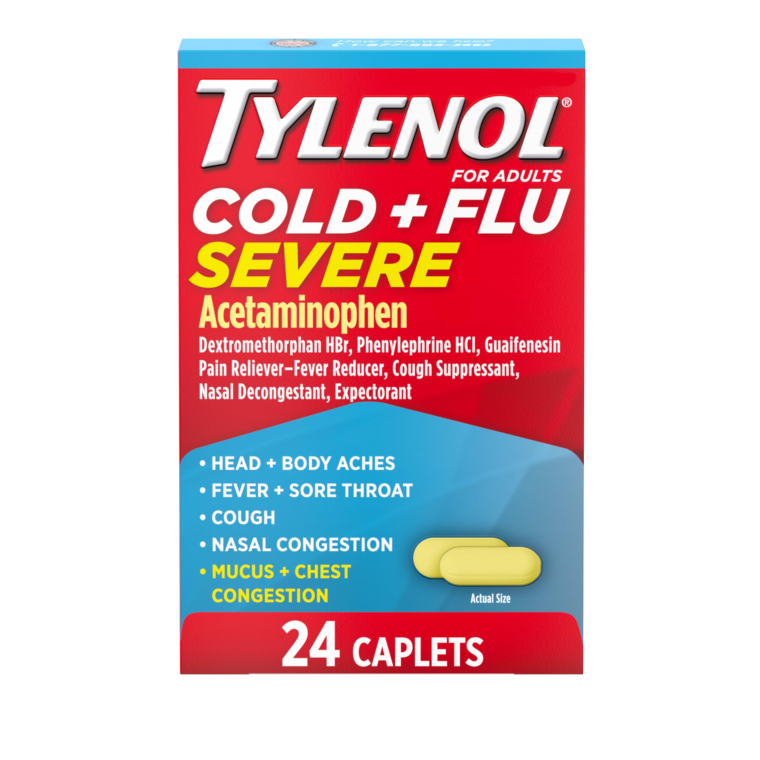 Cold + Flu Severe Medicine Caplets for Cold & Flu Symptom Relief, Fever Reducer, Pain Reliever, Cough Suppressant, Nasal Decongestant & Expectorant with Acetaminophen, 24 ct.