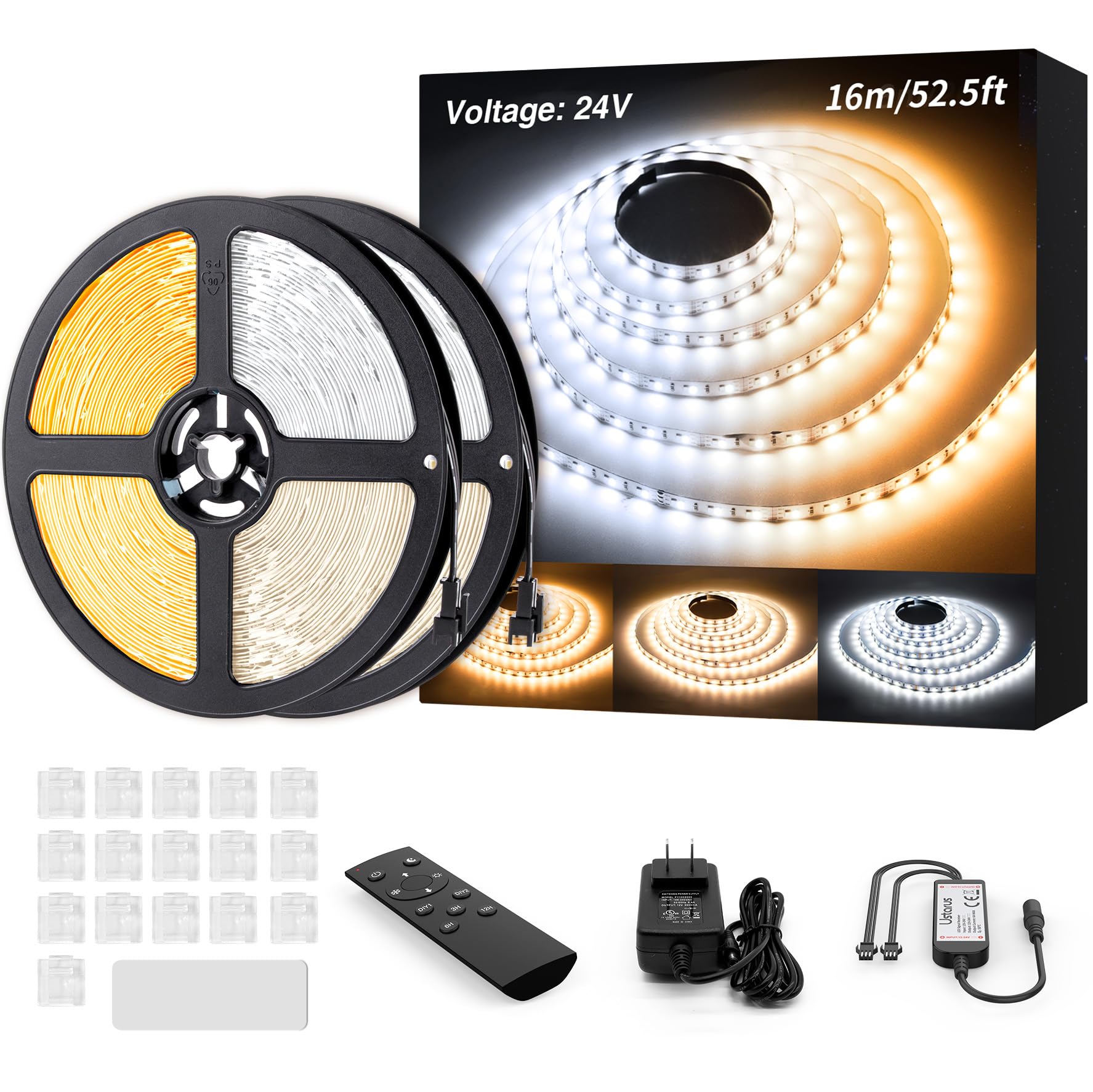 UstarusLED Strip 16M Dimmable Warm White 3000K Cool White 6000K, LED Strip Strip Strips Power Supply RF Remote Control 1920 LEDs 2835 SMD 3 Modes 10 Brightness Easy Operation 12V