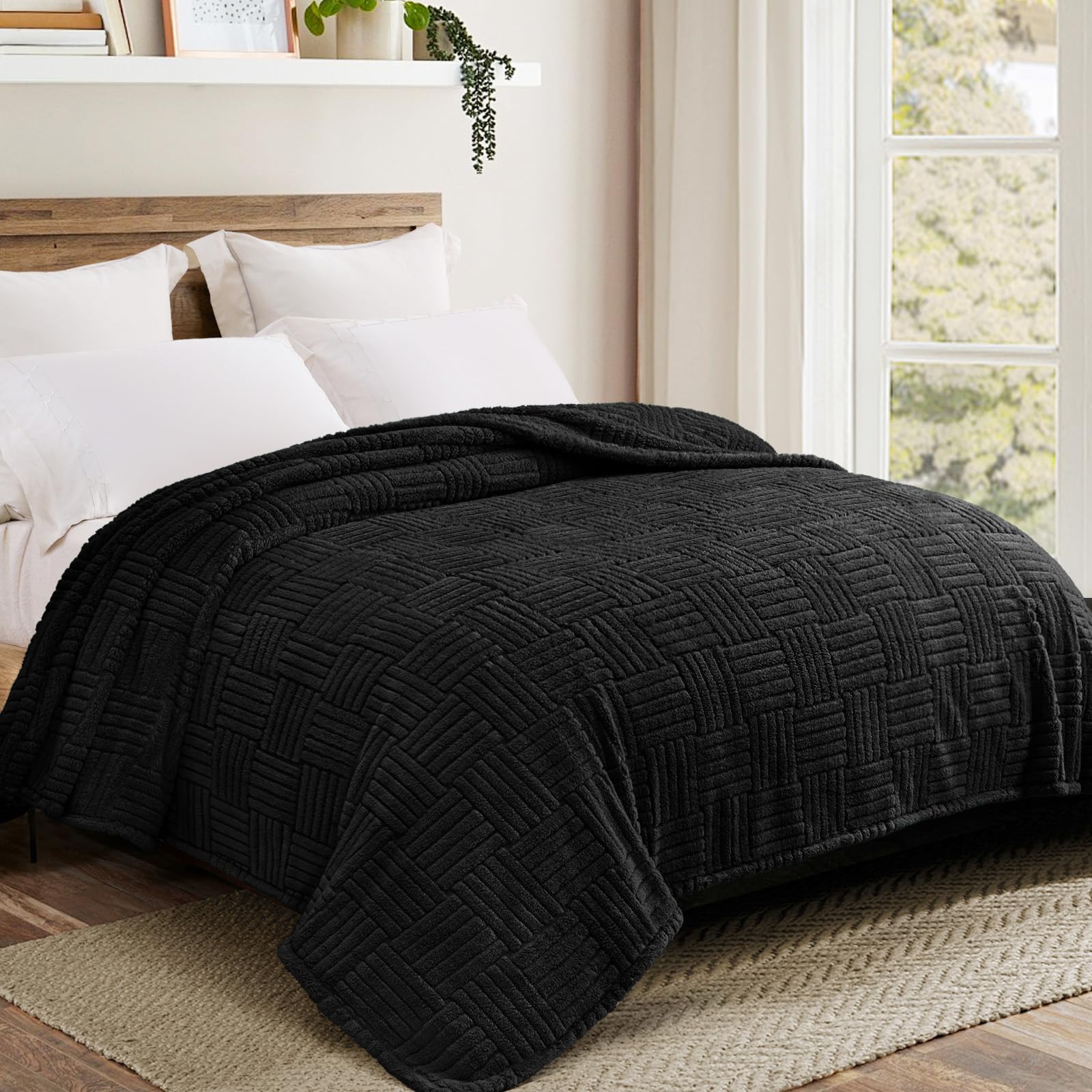 Whale Flotilla Fluffy Fleece Queen Size Blanket for Bed, 230x230 CM Fuzzy Soft Cozy Exquisite Blankets with Decorative Jacquard Pattern for All Season, Warm but Lightweight, Black