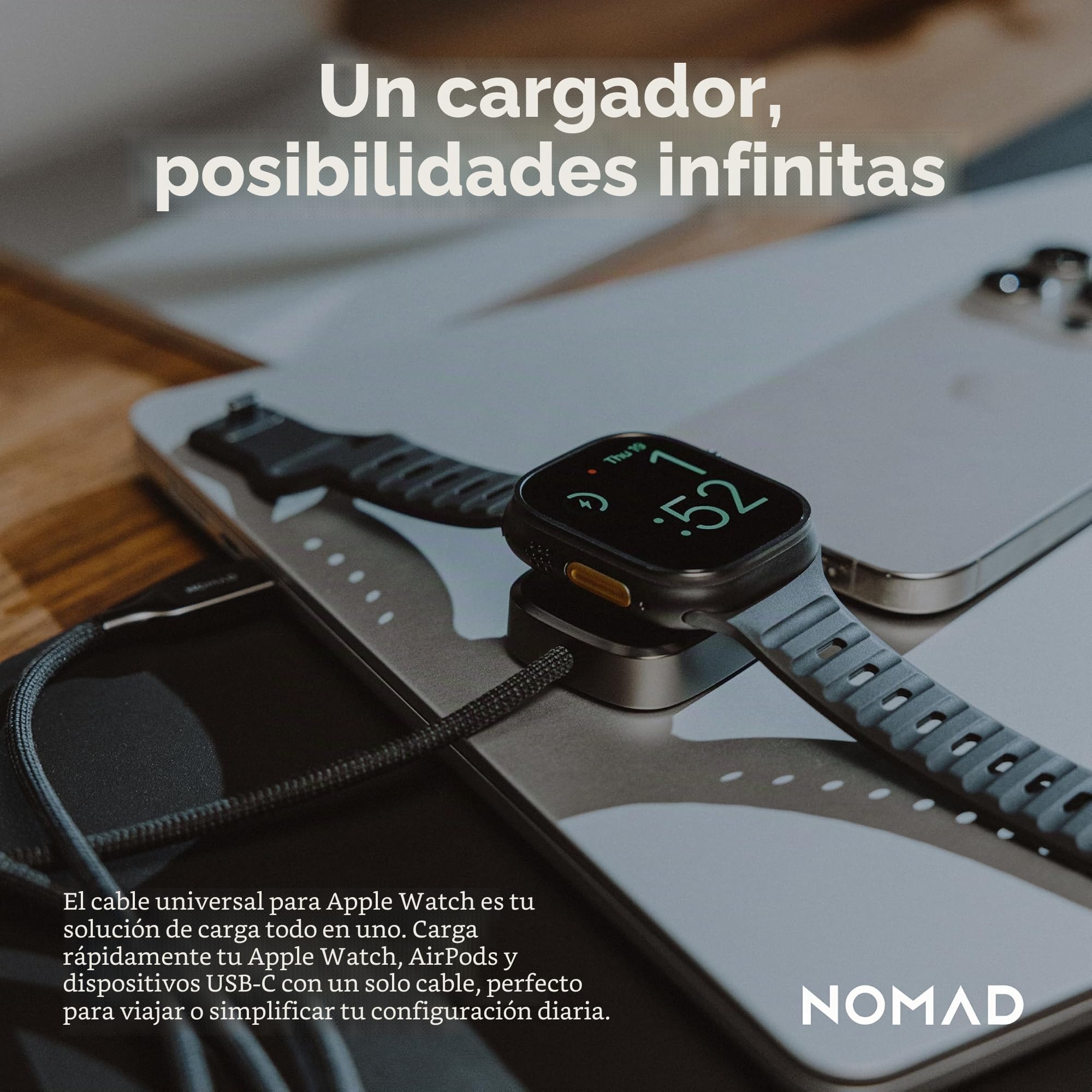 NOMAD - Cable de carga USB C 2 en 1 de carburo de tungsteno para Apple Watch, Airpods y iPhone, cables de carga universales tipo C 100W para Apple Watch, Airpods y iPhone, cables de carga
