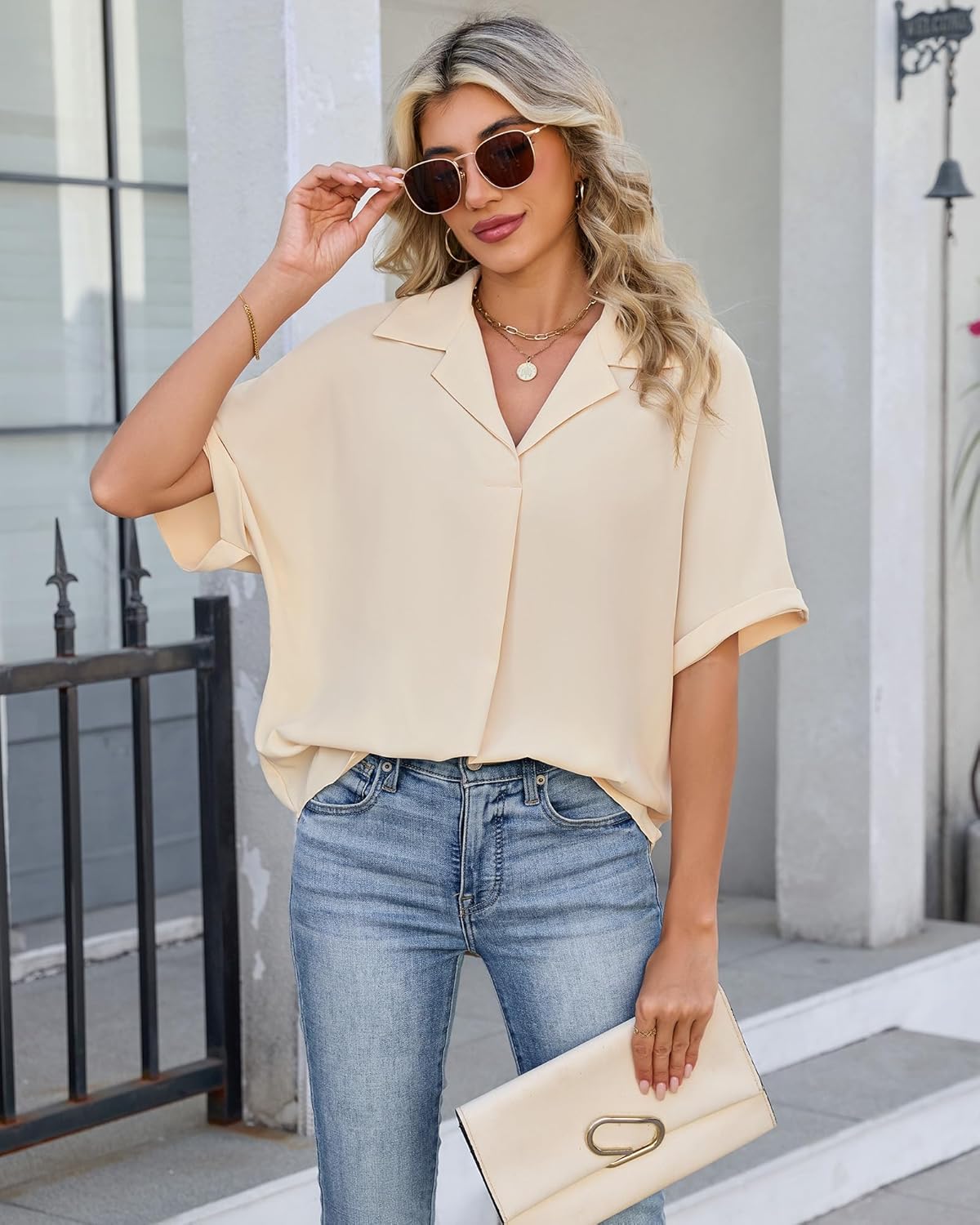 Womens Loose Fit Shirts Short Sleeve Striped Shirt Casual Collared Tops Women Office Work Blouses - Image 5
