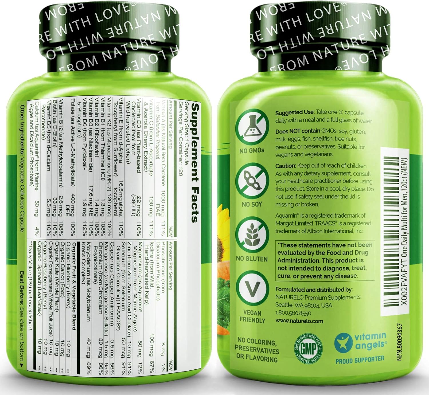 NATURELO One Daily Multivitamin for Men - with Vitamins & Minerals + Organic Whole Foods - Supplement to Boost Energy, General Health - Non-GMO - 120 Capsules | 4 Month Supply : Health & Household