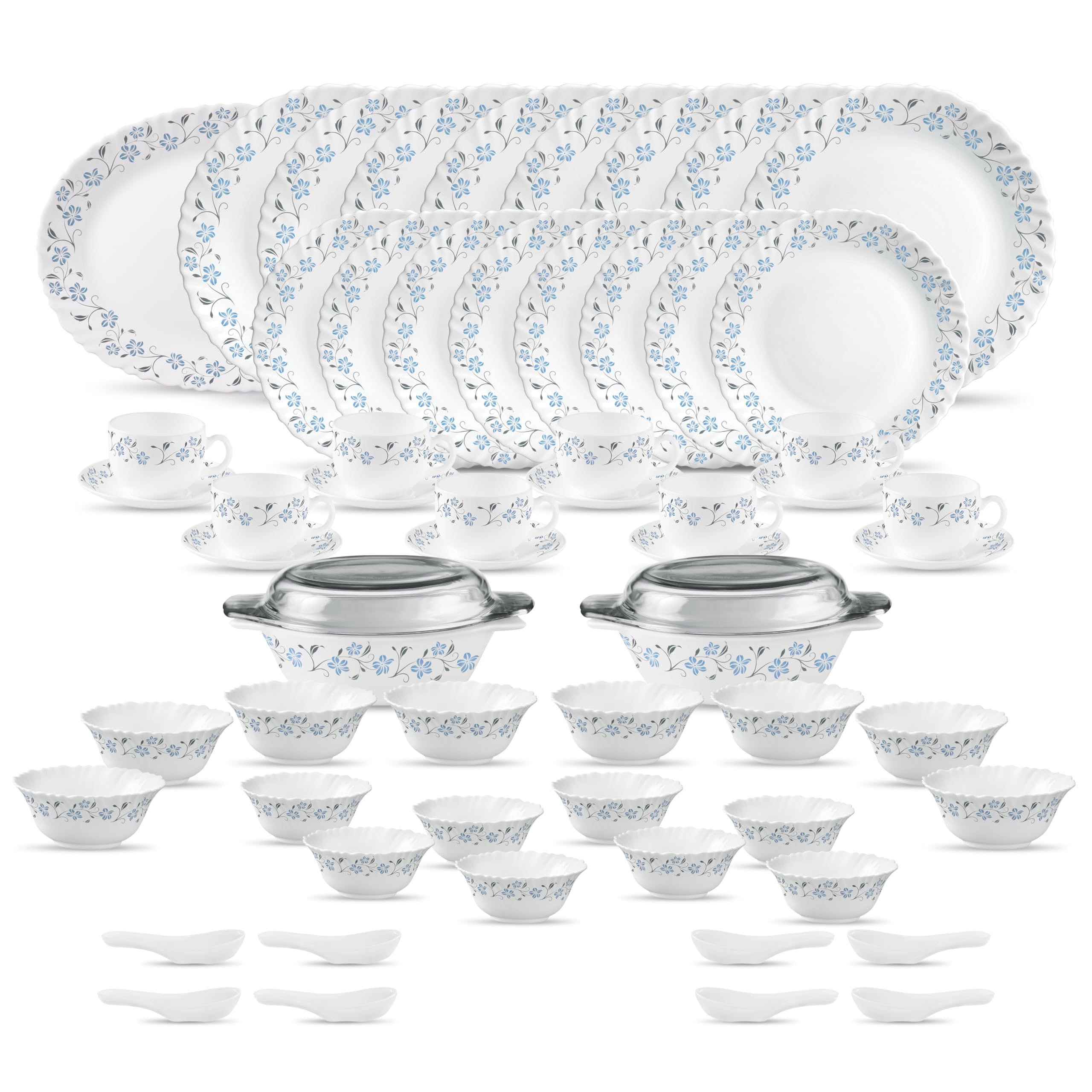 Diva Classique Collection Opal Glass Crockery | for Family of 8 | Dinner Set 61 pcs Grace Blue | Plates & Bowls for Dining | Microwave Safe | 100% Vegetarian | Extra Strong | White