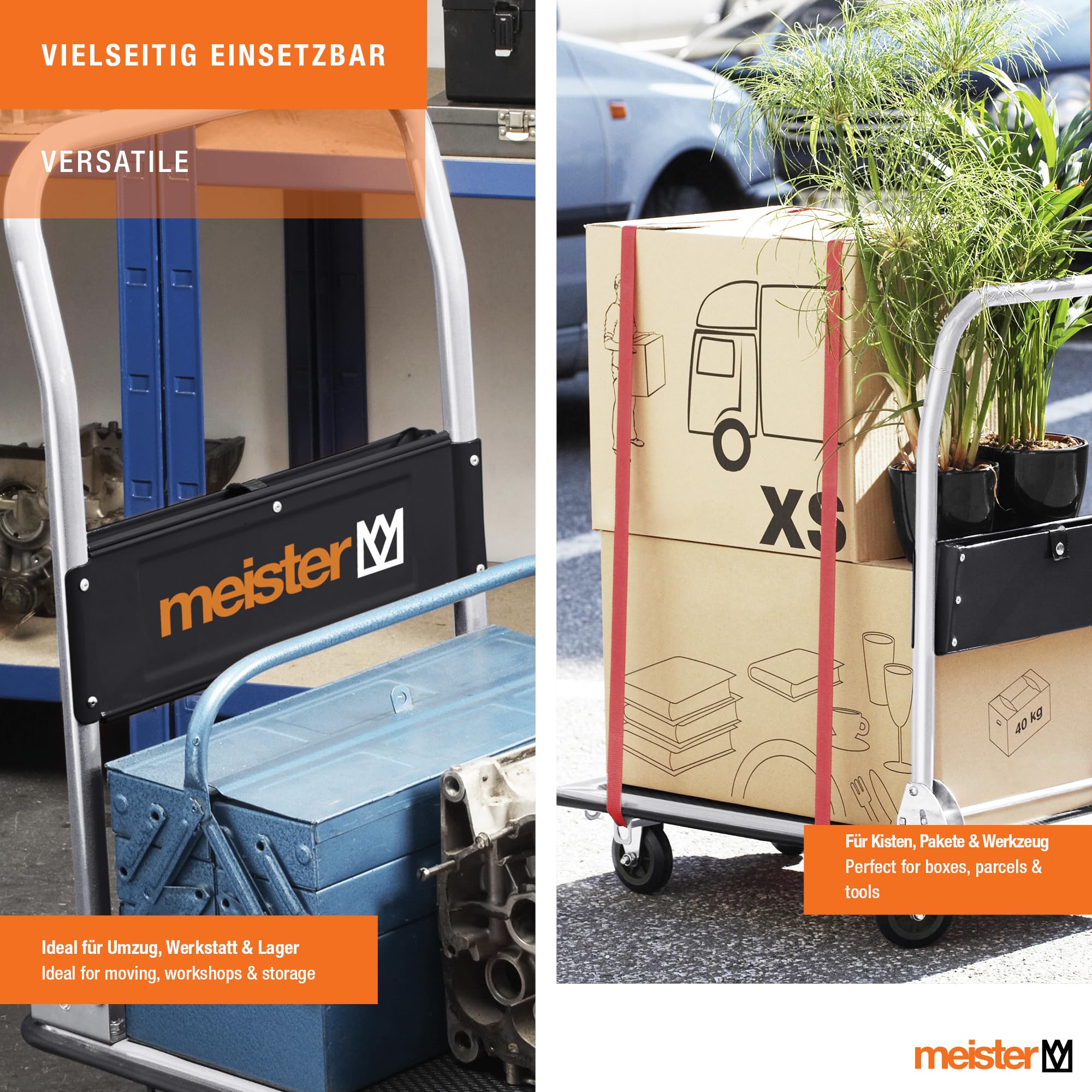 Meister Chariot de plateforme - Pliable - Jusqu'à 300 kg de capacité de charge - Frein de stationnement / Aide au transport avec roulettes pivotantes / Chariot pliable en acier / 8985540