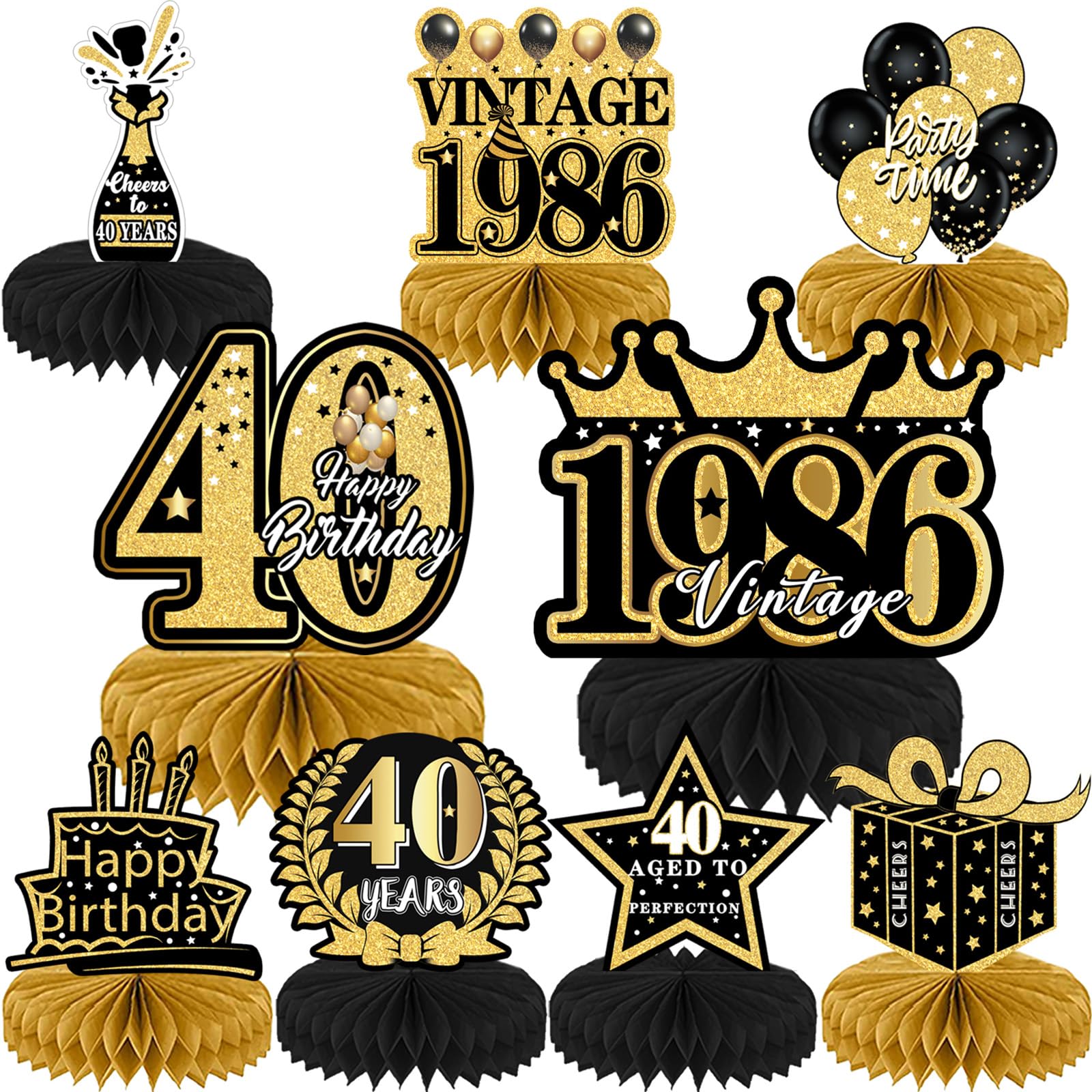 Refavor 40th Birthday Party Decorations - 9Pcs 40th Birthday Honeycomb Centerpieces for Men Women, Black Gold Party Table Supplies Decorations Over