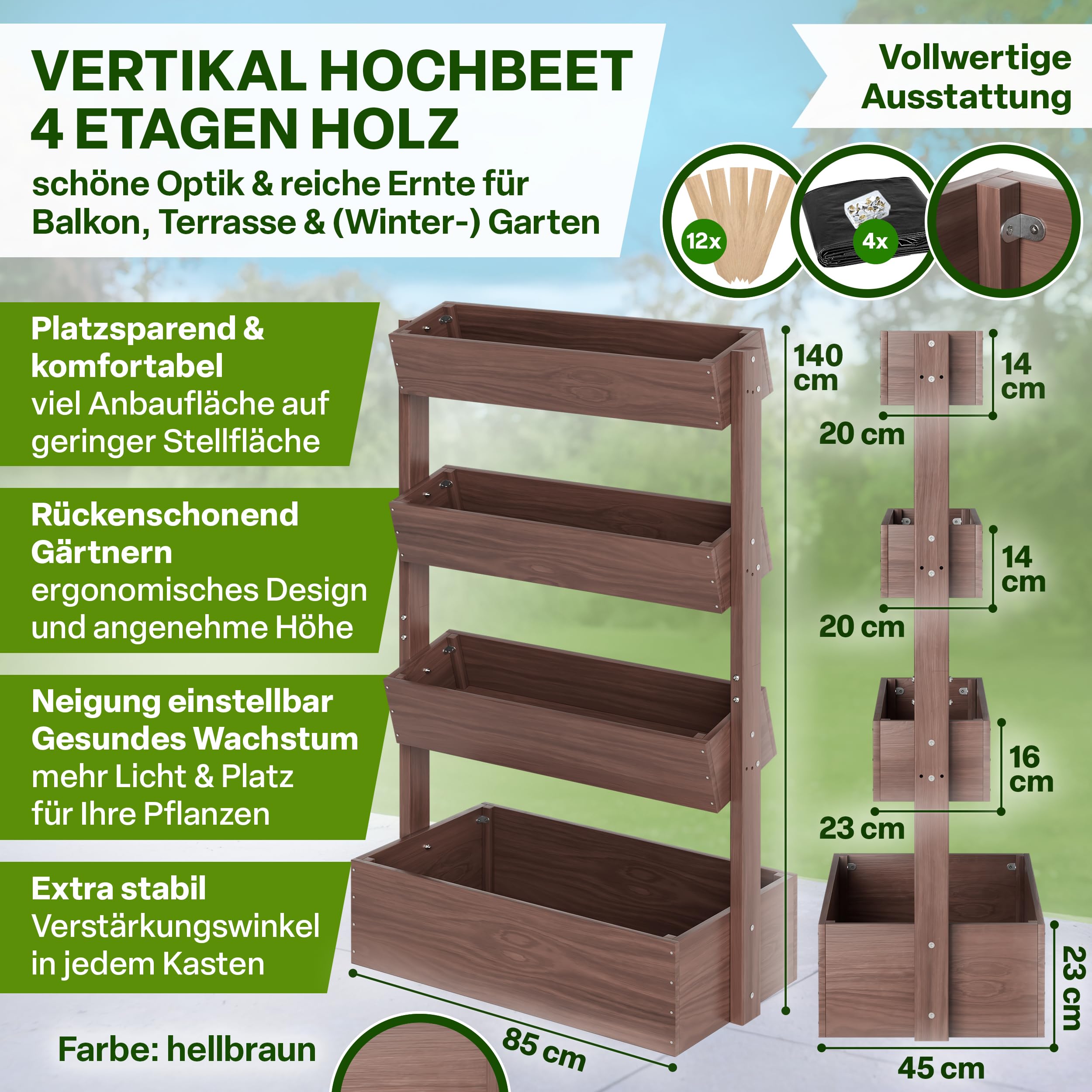 TTL GARDEN Vertikalbeet Verona 140x85x45cm 4 Etagen aus Tannenholz braun | - Vertikal Hochbeet & Kräuterhochbeet mit 4 Etagen & Folie wetterfest - Blumenkasten Kräutertreppe für Balkon Garten Terrasse