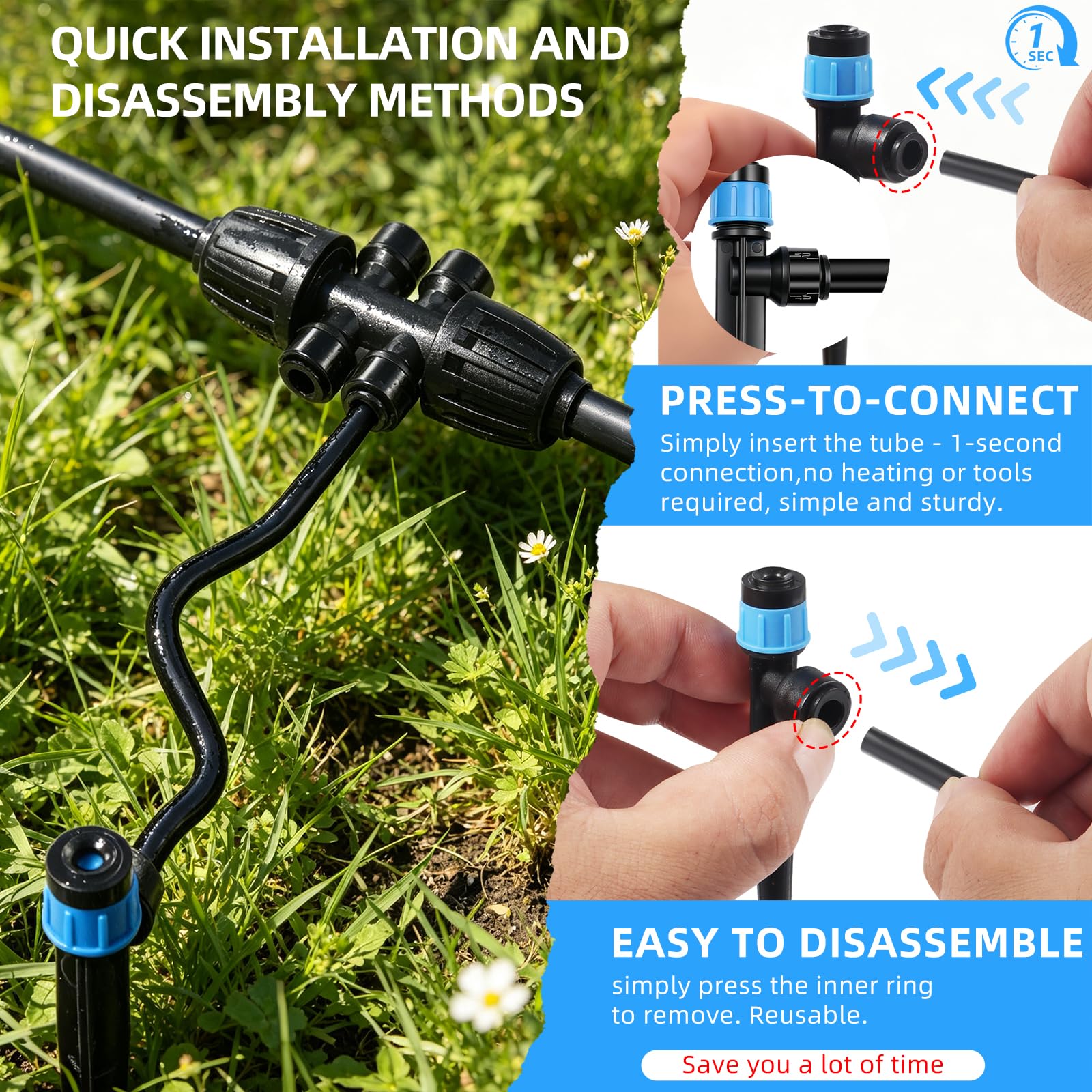 Sistema de riego por goteo - 30 m - Sistema de riego automático de jardín con manguera de liberación rápida de 1/4" - Boquillas y aspersores ajustables - Sistema de riego por goteo con conexión