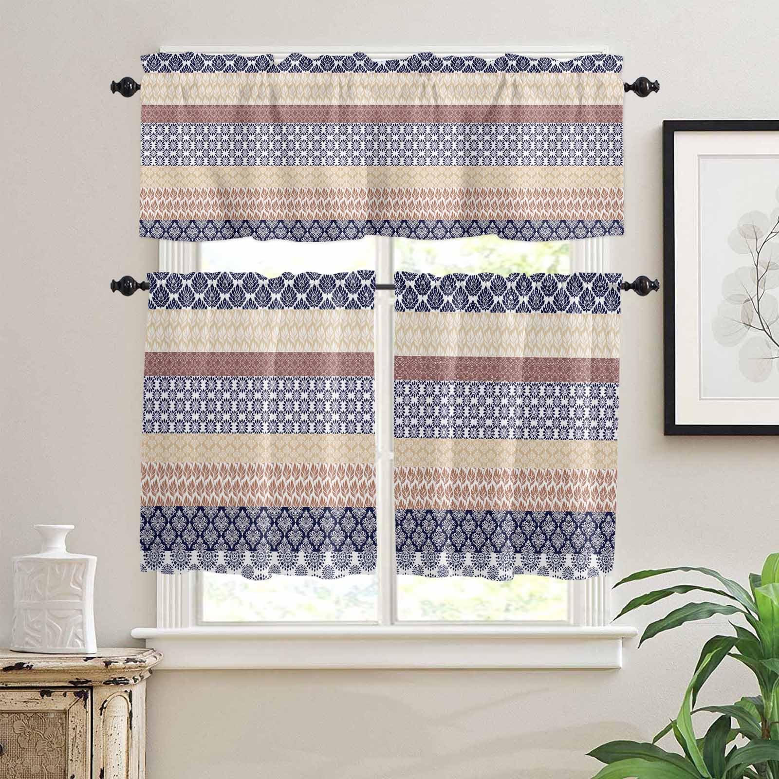 Boho Blue Brown Kitchen Curtains 24 Inch Length,3 Piece Rod Pocket Small Half Tiers and Valance Set,Geometric Stripes Tribal Beige Bohemia Small Large Window Treatment Decor for Bedroom/Bathroom Sink