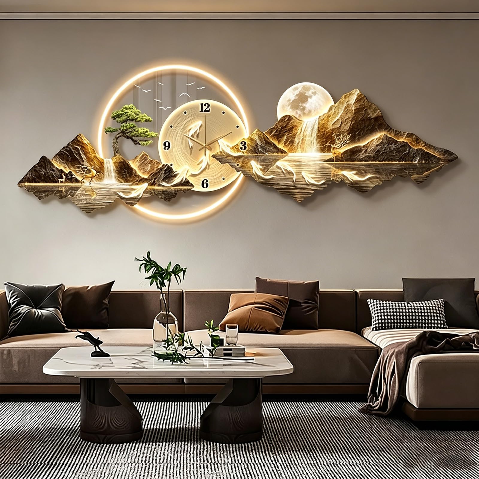 Large Wall Art Clock with LED Light, 3D Mountain Landscape Wall Art Decor with Warm Glow, Modern Home Decorative Silent Wall Clocks for Living Room Bedroom Entryway style-A 70.87×23.62 in(180*60cm)