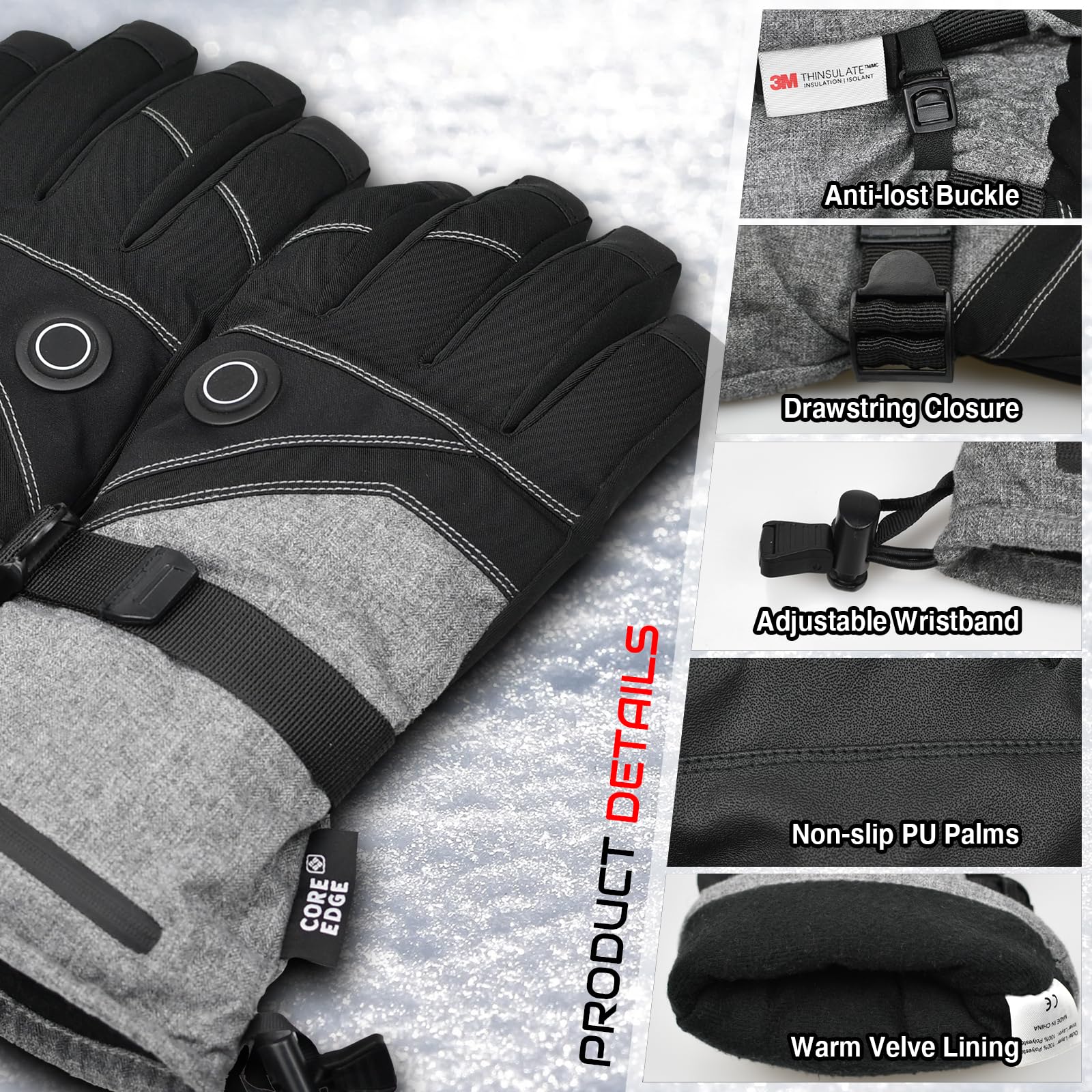 COREEGDE Gants chauffants, gants chauffants pour homme et femme, gants chauffants, gants de ski électriques avec batterie 7,4 V 3000 mAh, gants pour moto, snowboard, cyclisme, pêche