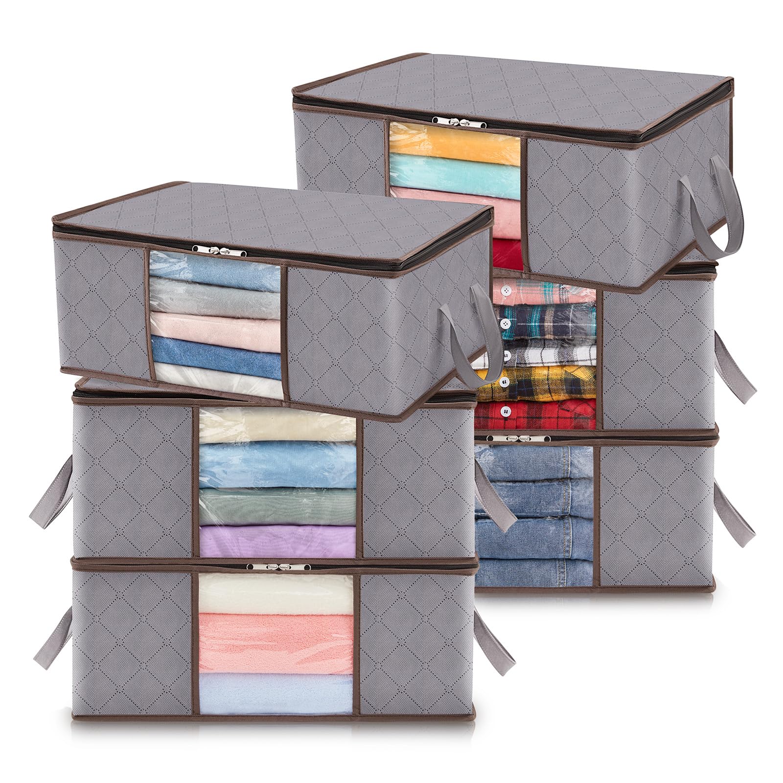 Lifewit Clothes Storage Bag, Foldable Storage Bin, Closet Organizer with Reinforced Handles, Durable Fabric, Clear Window for Towels, Sweaters, T-Shirts, 35L (Light Grey, 6 Pack)