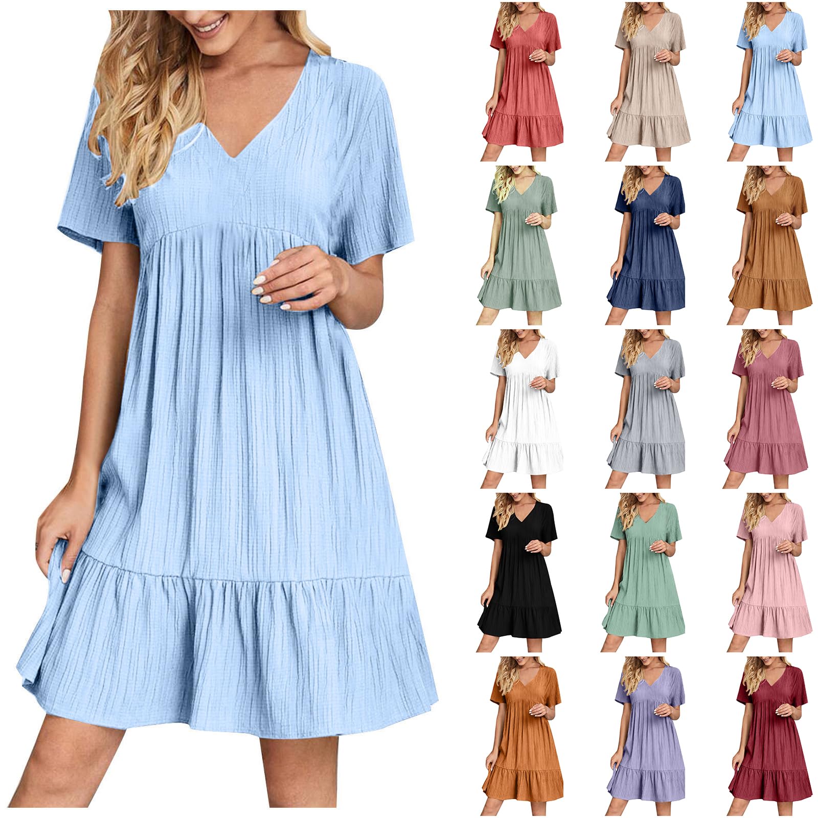 Piuwrlz Summer Dresses for Women 2025 Vacation Short Sleeve V Neck Mini T Shirt Dress Pleated Flowy Tiered Beach Sundress