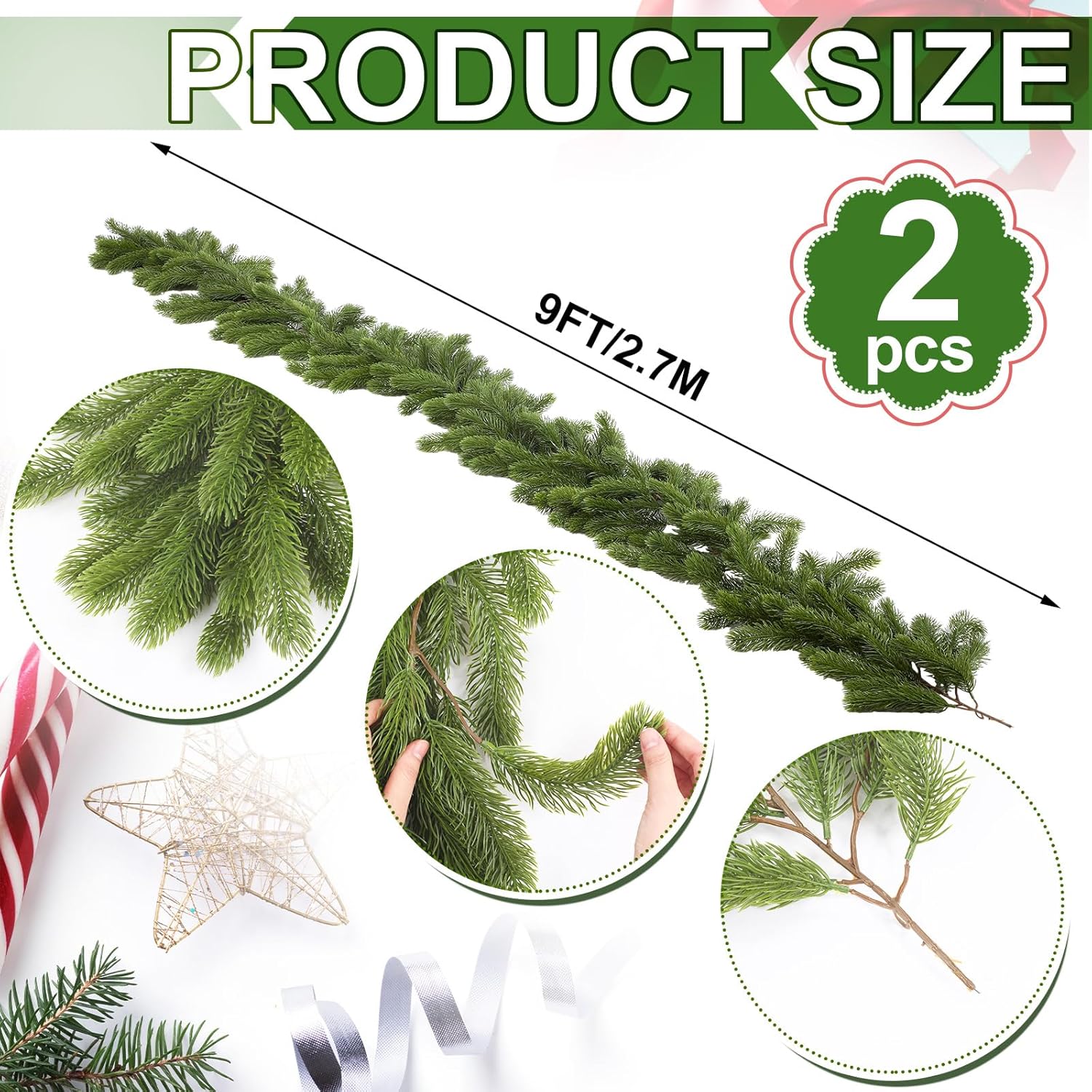Lyrow 2 Pcs 9 ft Christmas Deluxe Pine Garland Thick Artificial Winter Greenery Pine Garland Deluxe Faux Holiday Season Decor for Xmas Home Front Door Porch Fireplace Indoor Outdoor Decorations