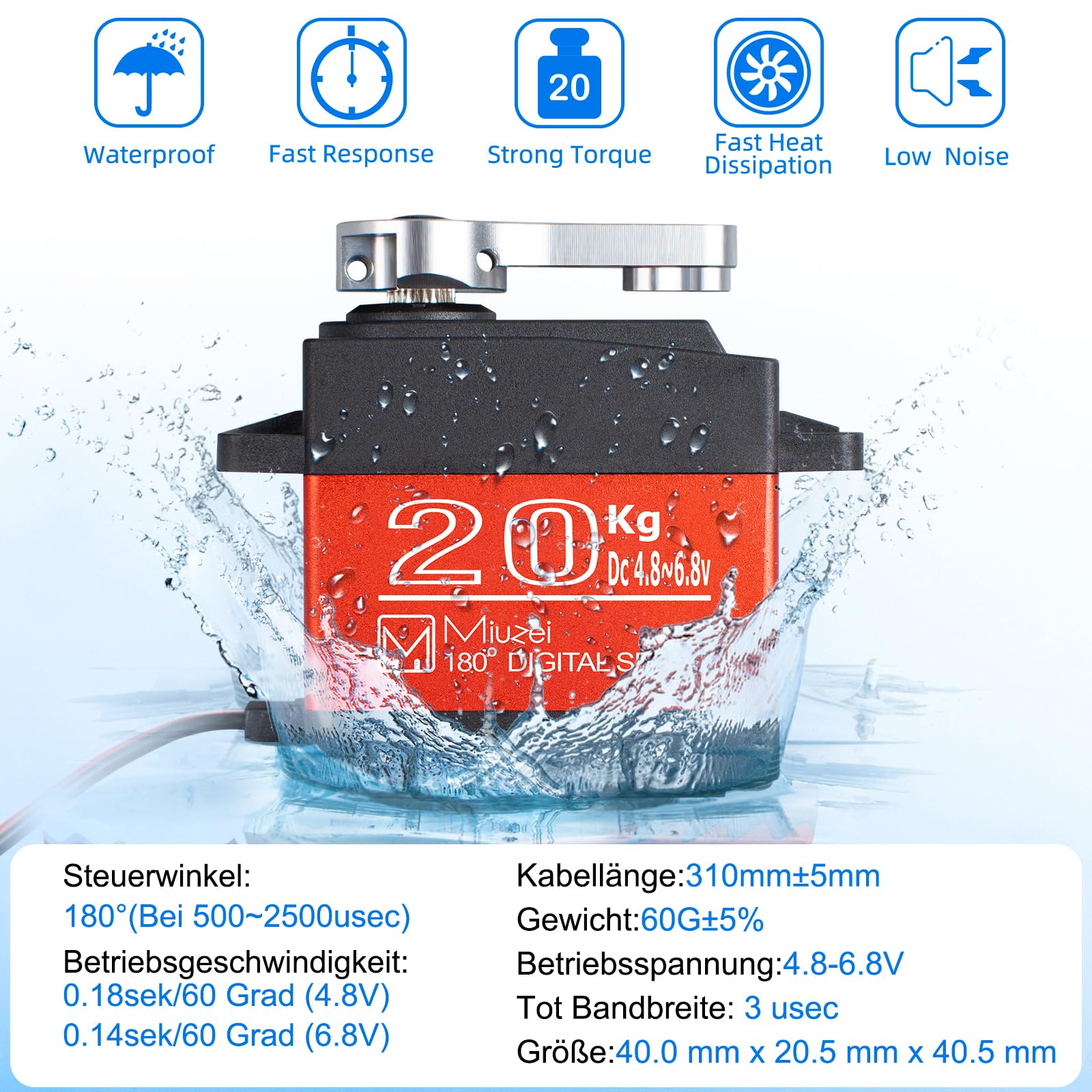 Miuzei 20kg RC Servo Motor 180° Metal Gear Digital Servos with Extension Cable for Arduino Mini,RC Helicoptero Robot Arm Car 1/10 1/8 8,4V Dc High Speed Torque
