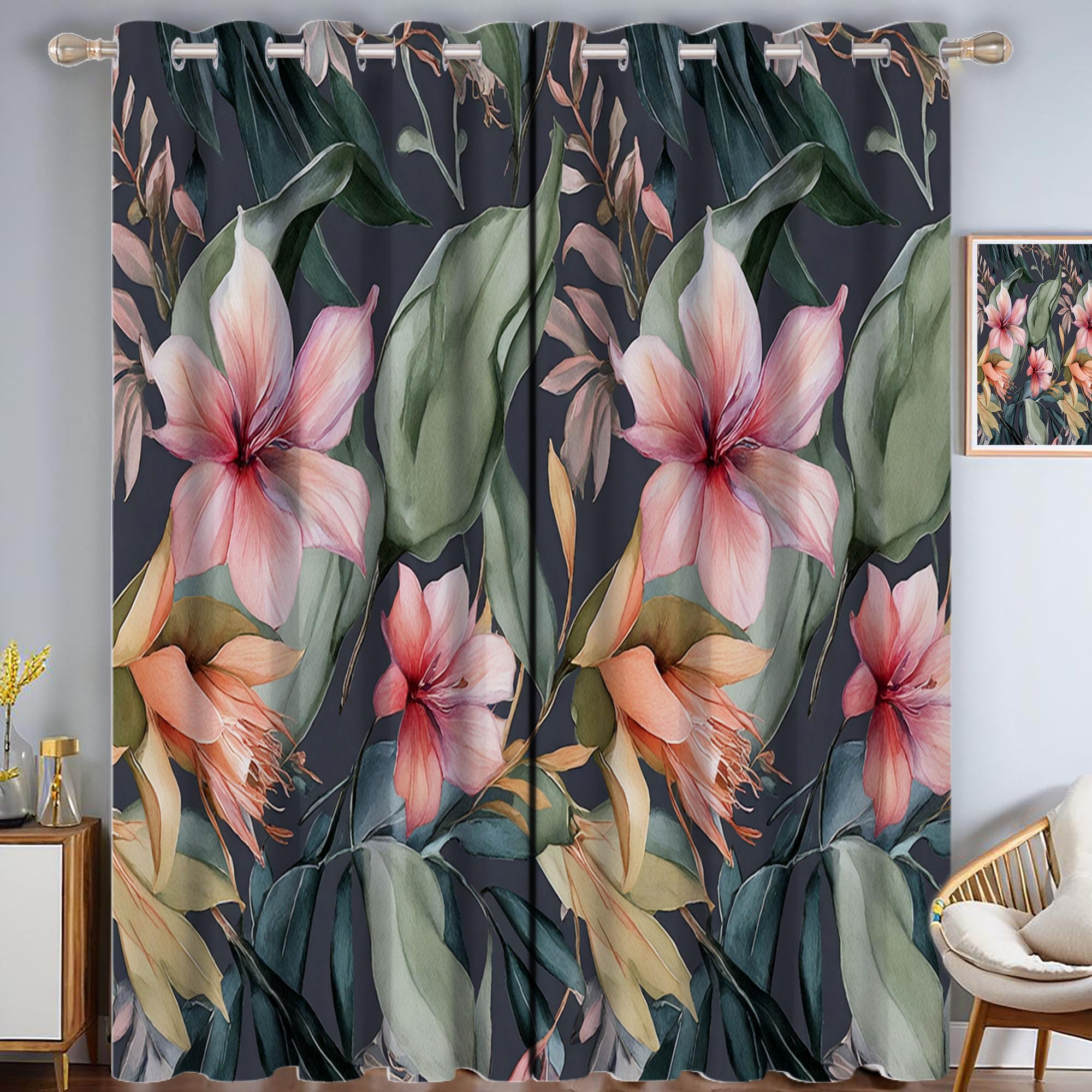 Rideau thermique anti-chaleur gris foncé à motifs tropicaux floraux pour chambre