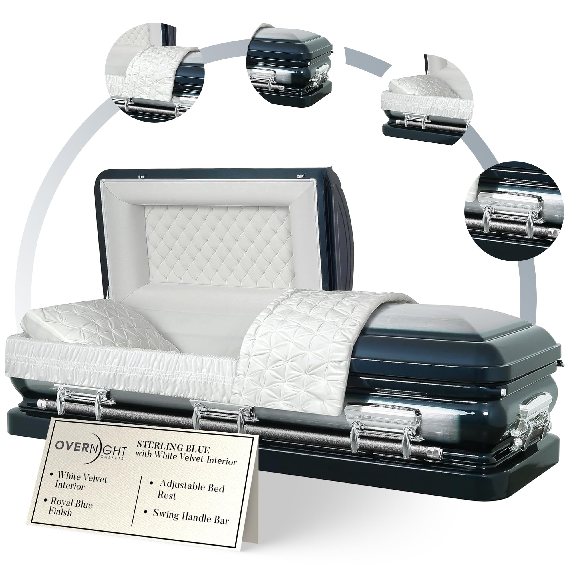 Overnight Caskets - Sterling Steel Funeral Casket Blue with White Interior - Premium 18 Gauge Steel - Fully Appointed Adult Casket - Coffin Featuring