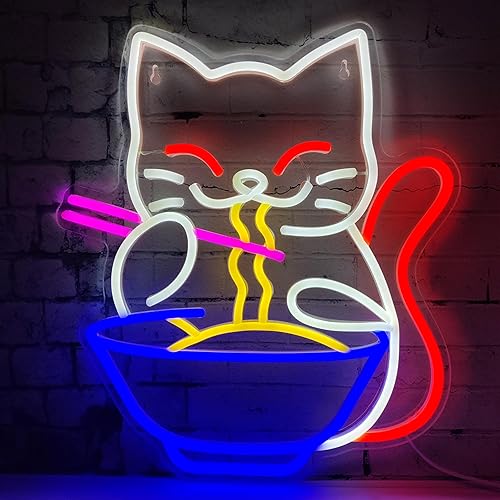 Miniatura 9 de Letrero de neón de anime Maneki Neko Ramen, letrero de luz LED de fideos de gato de la suerte japonés para decoración de pared del hogar, sala de