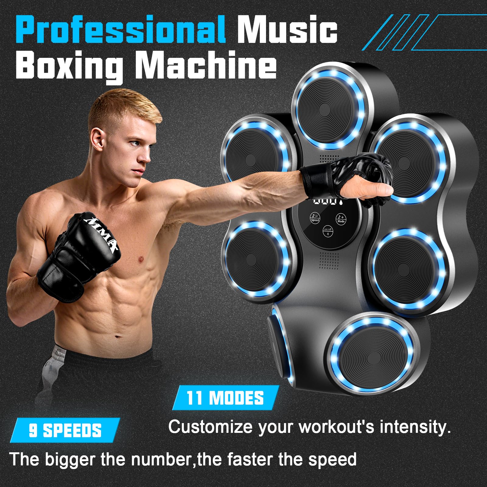 FBSPORT Music Boxing Machine, Macchina da Pugilato Parete con Bluetooth, Guantoni da Pugilato, Macchina da Boxe Musicale per Adulti e Bambini con 11 modalità e 9 velocità per Casa, Ufficio e Palestra