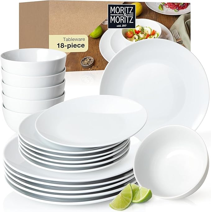 18-Piece Porcelain Dinnerware Set for 6 – Classic White, Includes 6 Dinner Plates, 6 Side Plates, 6 Bowls, Modern, Durable, Dishwasher & Microwave Safe, Moritz & Moritz BASIC Collection