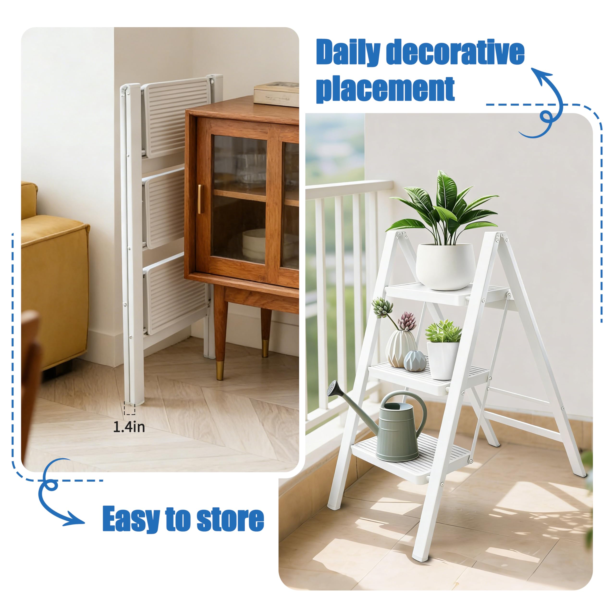 Scaletta Pieghevole 3 Gradini, Portatile e Leggera Sgabello Stabile Leggero con Pedali Antiscivolo per Casa, Cucina, Bagno, Campeggio, Portatile fino a 150 kg (Bianco)