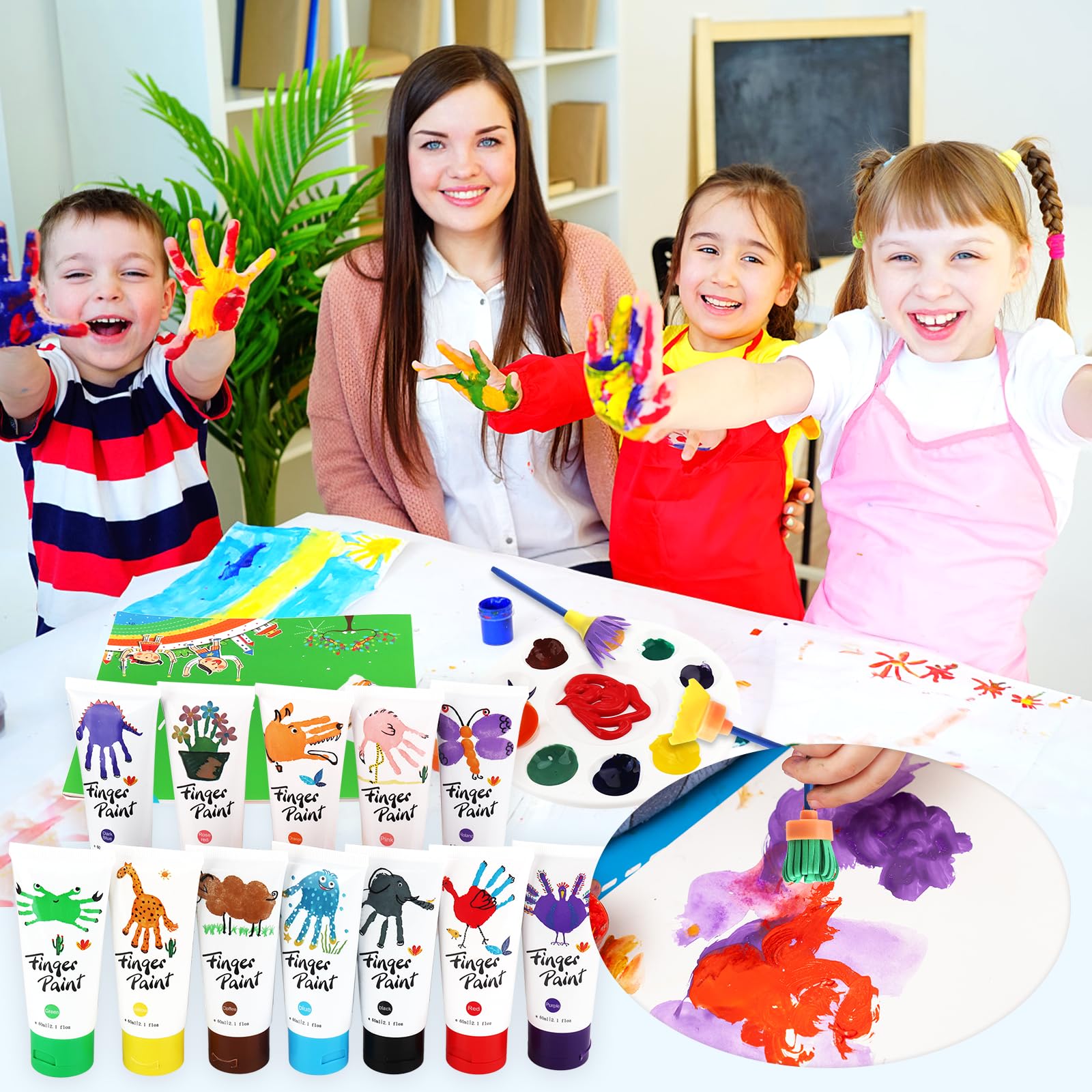 Pintura de Dedos para Niños Lavable,51 Pcs Juego de Pintura para Dedos No Tóxicas,12 Colores (60ml),con Pinceles,Esponja,Paleta y Bata,Niños Pintura Temprana Artes DIY Artesanías