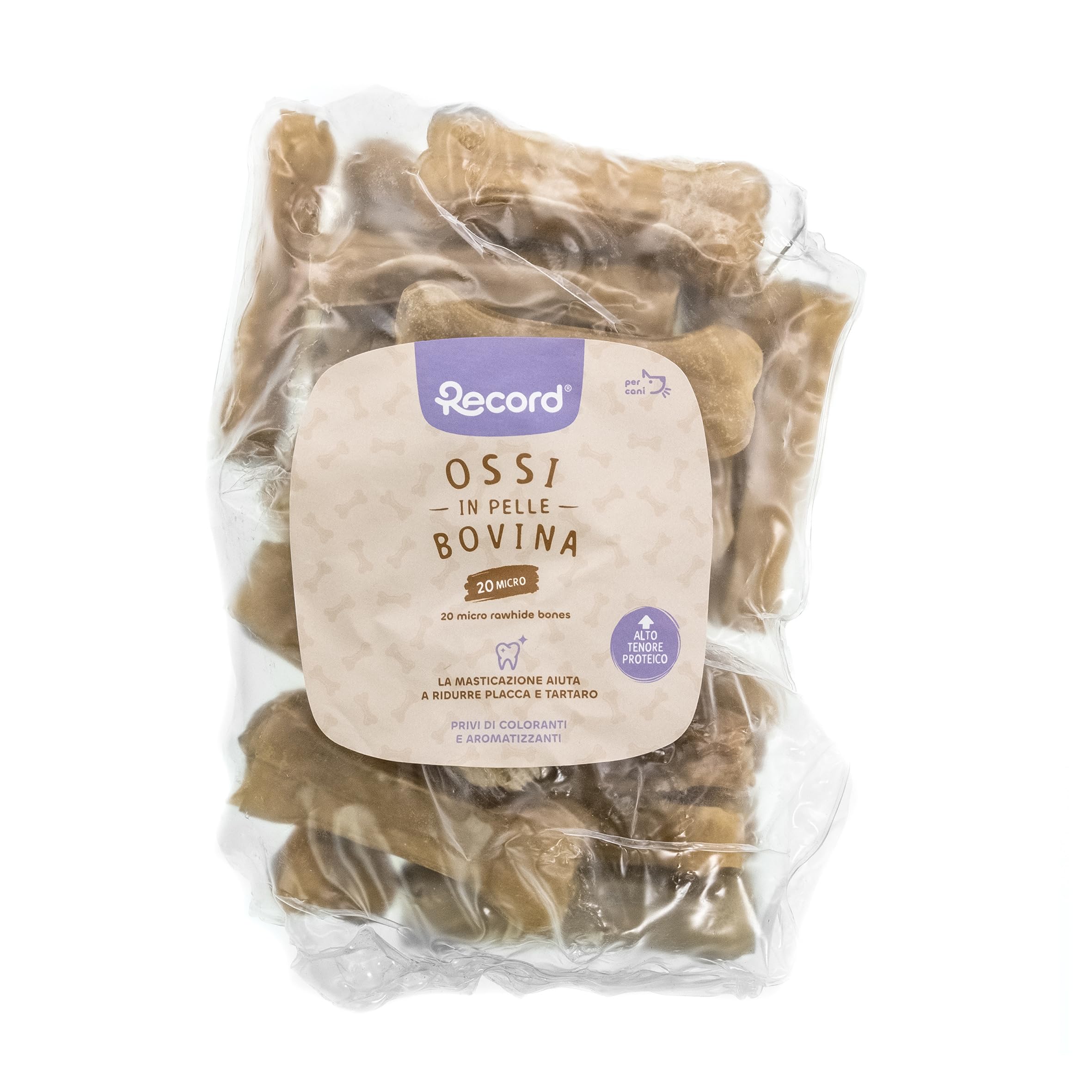 Snack per Cani in Pelle Bovina 20 Ossi Termoretratti da 8 cm Masticativi Naturali