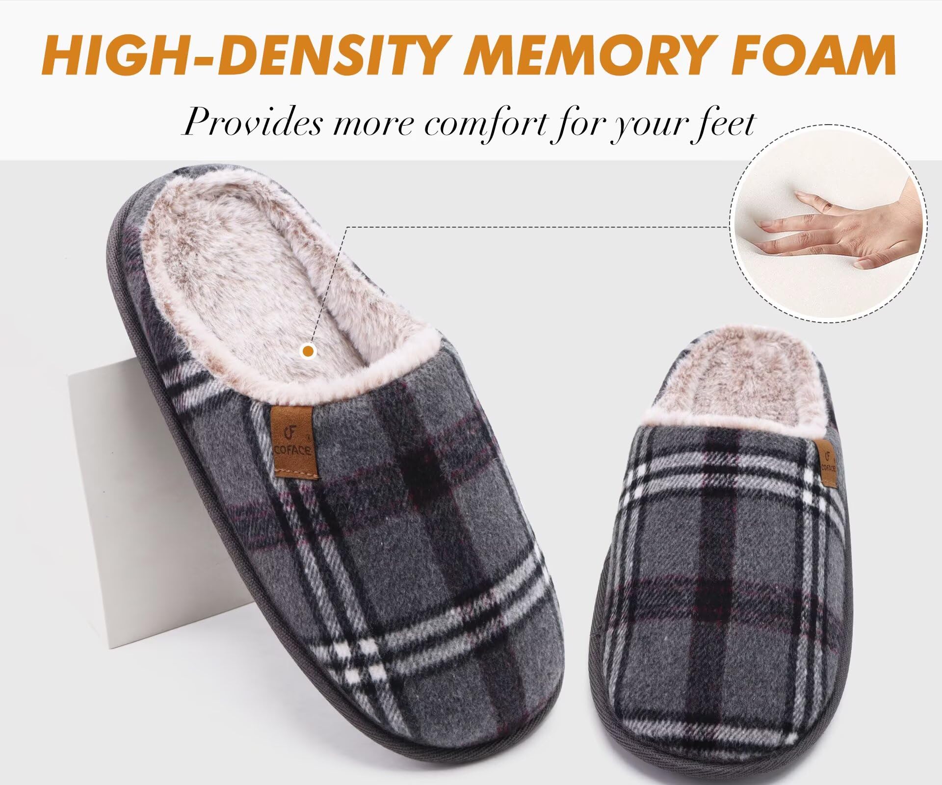 Chaussons Homme Pantoufles à Carreaux Hiver Chaussures Chaudes pour La Maison en Mousse à Mémoire de Forme, Laine en Peluche Doublée avec Semelle en Caoutchouc Antidérapante