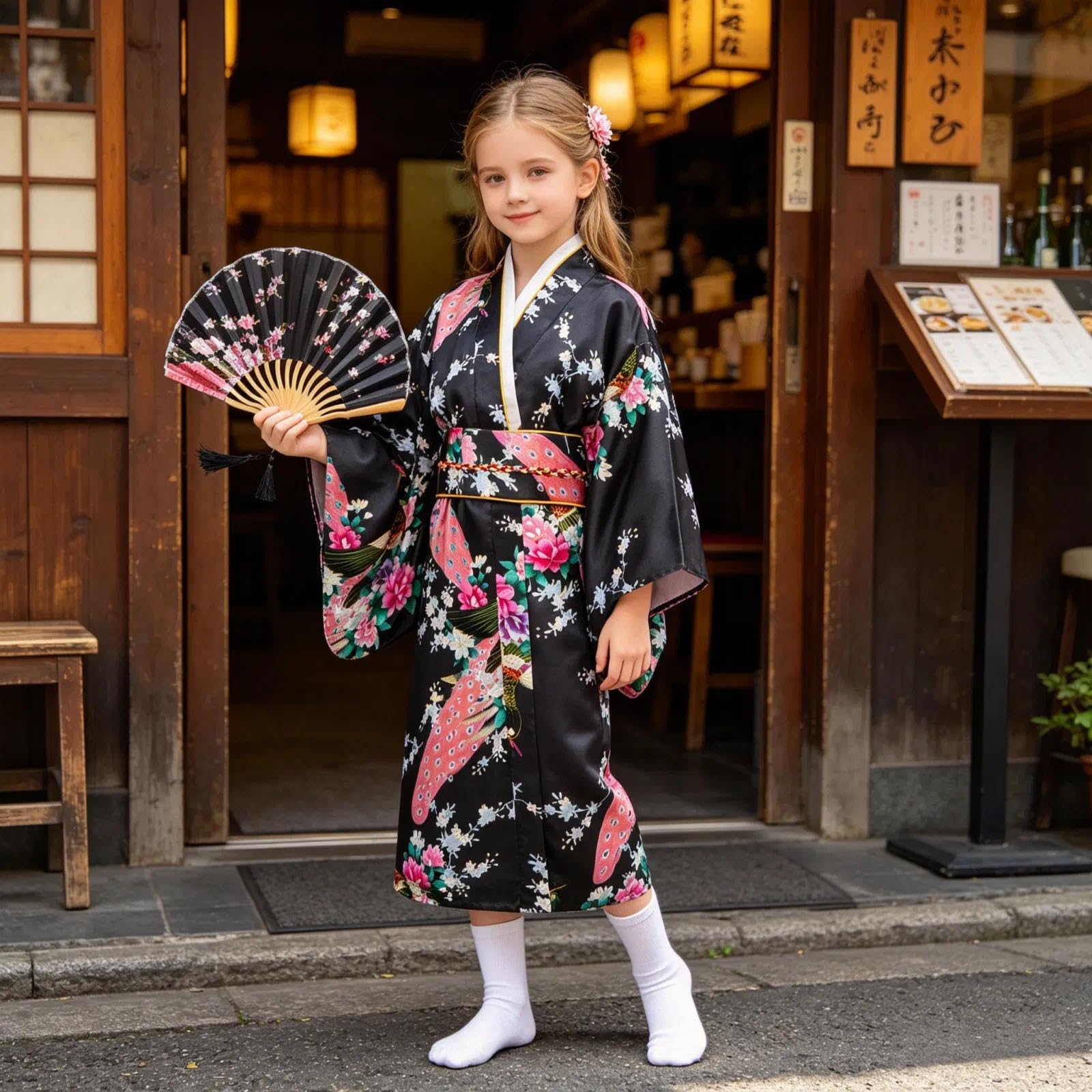 Niños Yukata Vendimia Estilo Japones - Niña Kimono Tradicional Ropa Seda Tela Túnica Desgaste Boda Partido Actuación Vestido