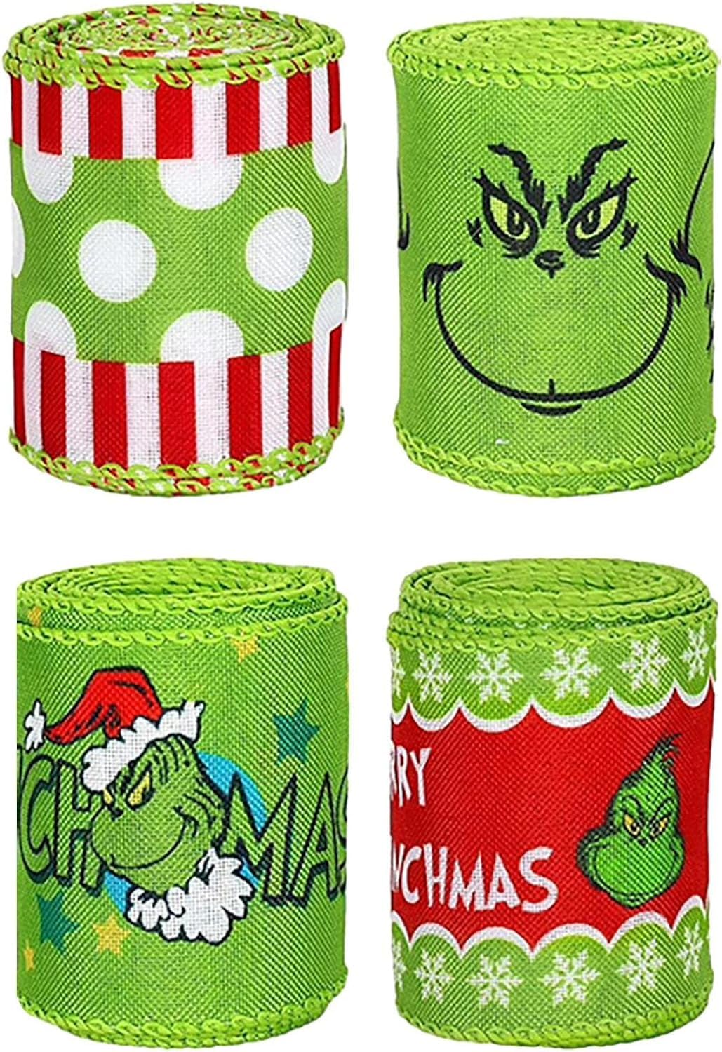 Grinch Christmas Ribbons, 4.5m 2.5 inch，Wrapping Ribbon,Xmas Funny Cartoon Decorative Ribbon Suitable for Christmas Tree,Wreath Bows,DIY Craft Decor (4 Pcs)