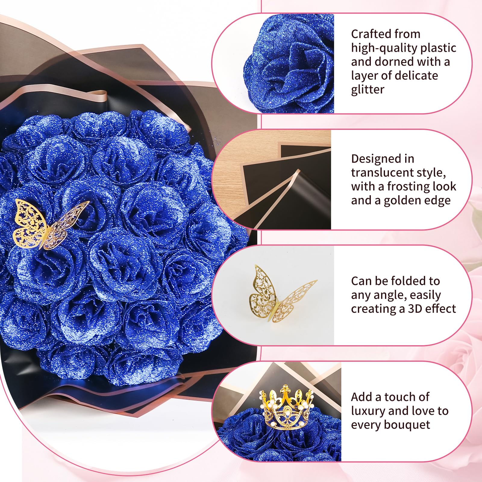 Fleurs Artificielles & Papillons 3D - Lot De 28 Pièces Noir, Pour DIY, Décoration Mariage, Fête, Maison - 3
