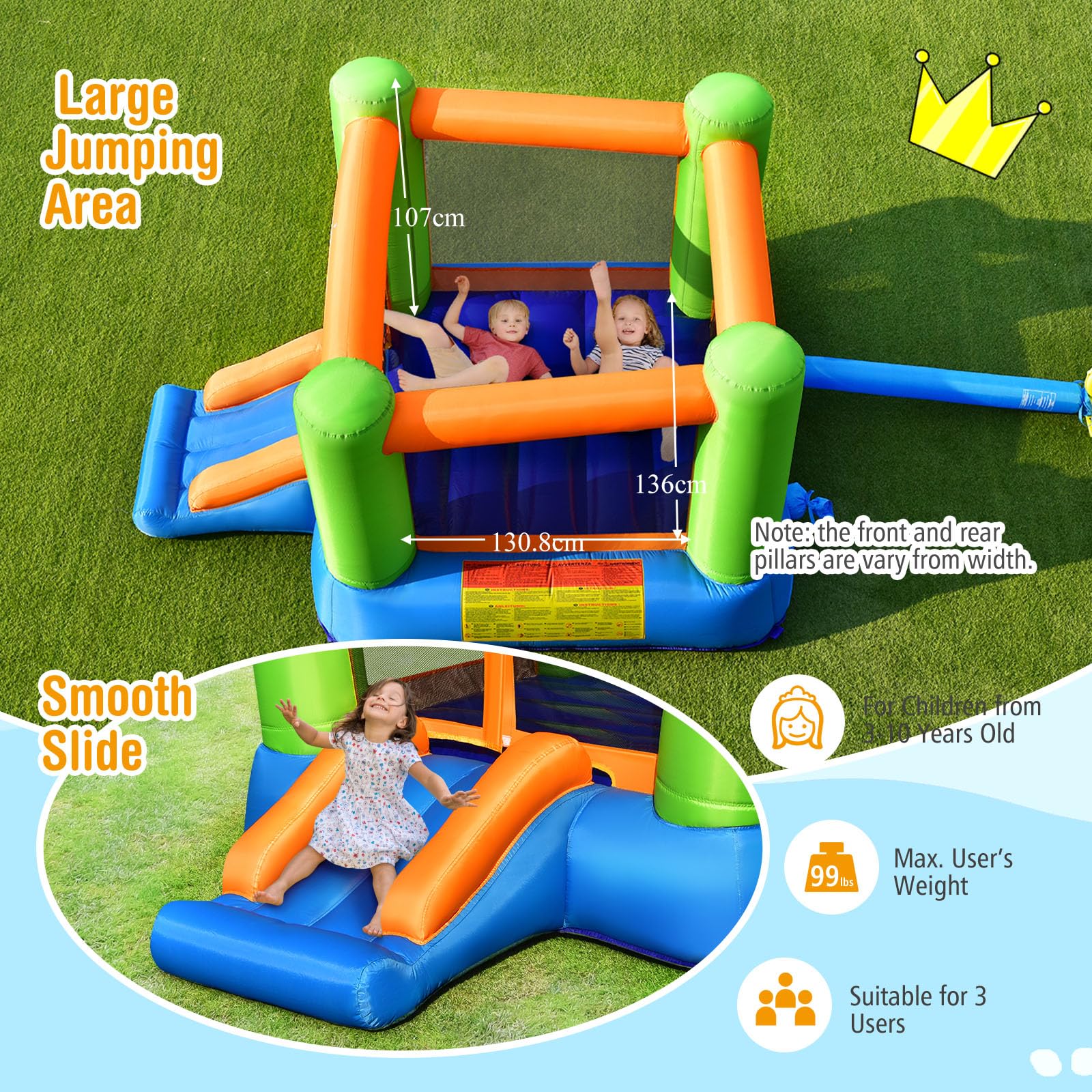LIFEZEAL Castillo Hinchable, Castillo Hinchable con tobogán, Zona de Salto, Apto para Interior y Exterior, para niños de 3 a 10 años (sin soplador)