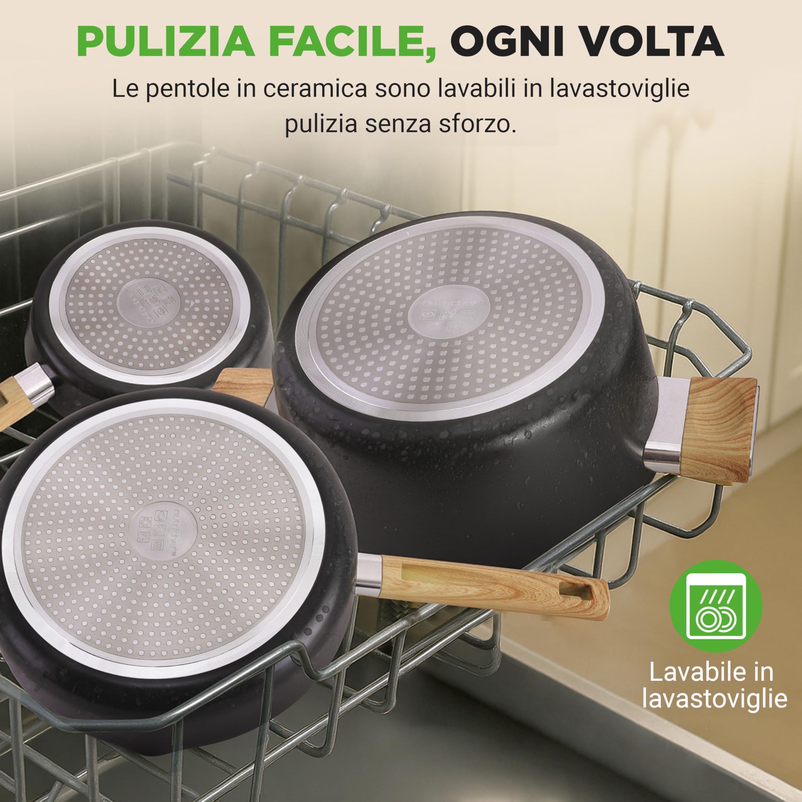 NutriChef Set Pentole e Padelle 14 Pezzi in Ceramica Antiaderenti, Compatibili Induzione, Coperchio in Vetro, Manici Antiscottatura, Lavabili in Lavastoviglie, Mestolo, Pinze e Spatola Inclusi, Nero