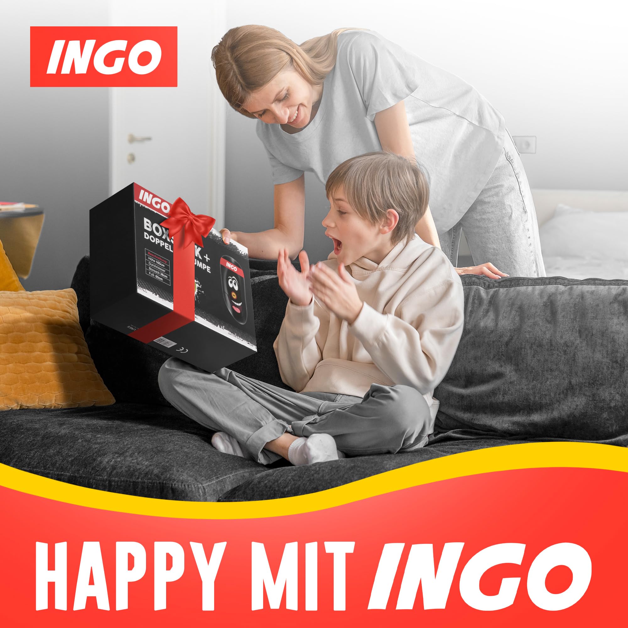 INGO® Boxsack für Kinder (pädagogisch konzipiert für Innere Kraft), inkl. Handschuhe & Pumpe | Kinder Boxsack (165cm) zur Schulung von Fokus, Selbstkontrolle & Körperbewusstsein
