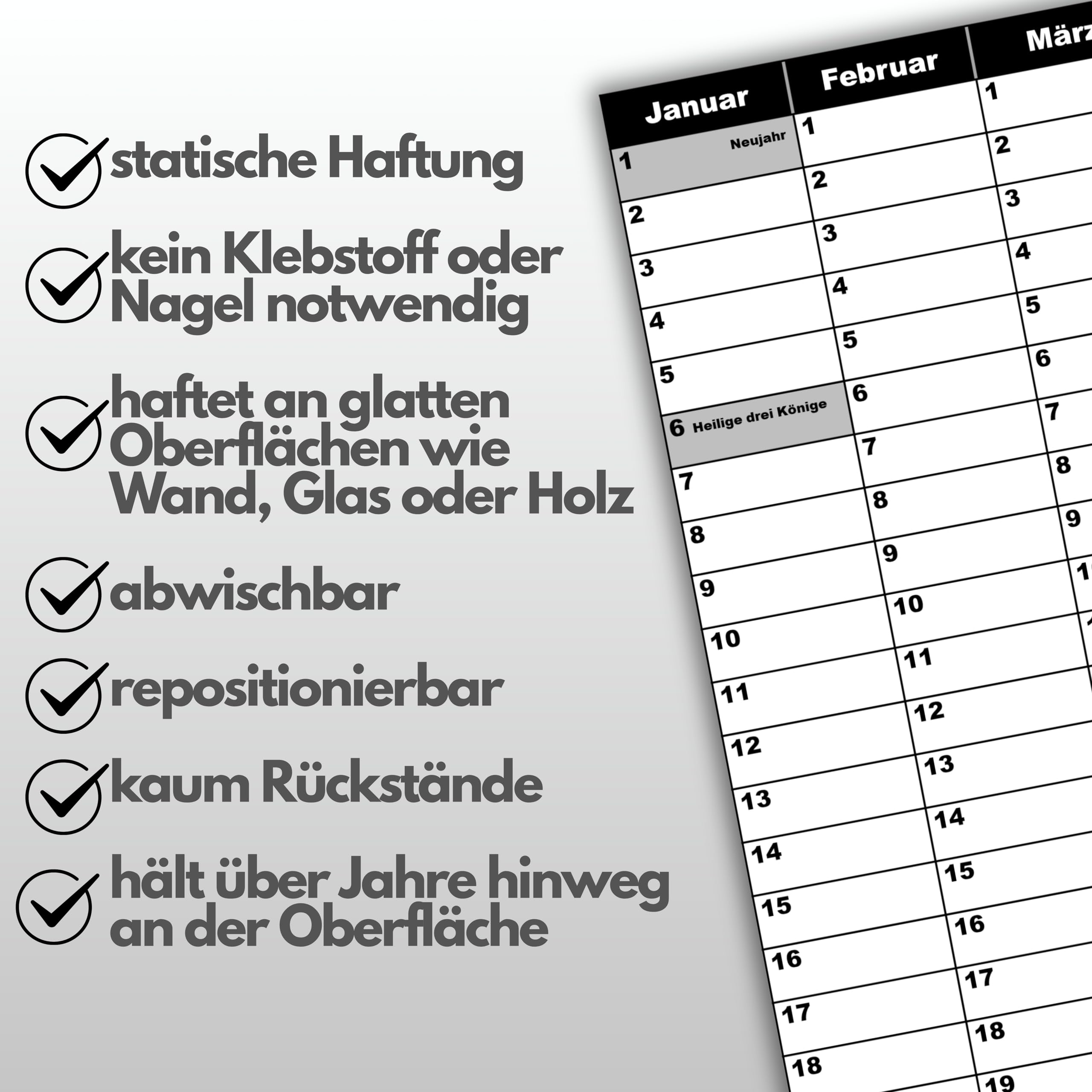 XL Wandplaner 70x66 cm, statisch selbsthaftend, abwischbar, wiederverwendbar & rückstandsfrei. Wandkalender, Jahresplaner für Büro & Familie mit Monats- & Wochenplaner. Größe zw. DIN A1 und DIN A2