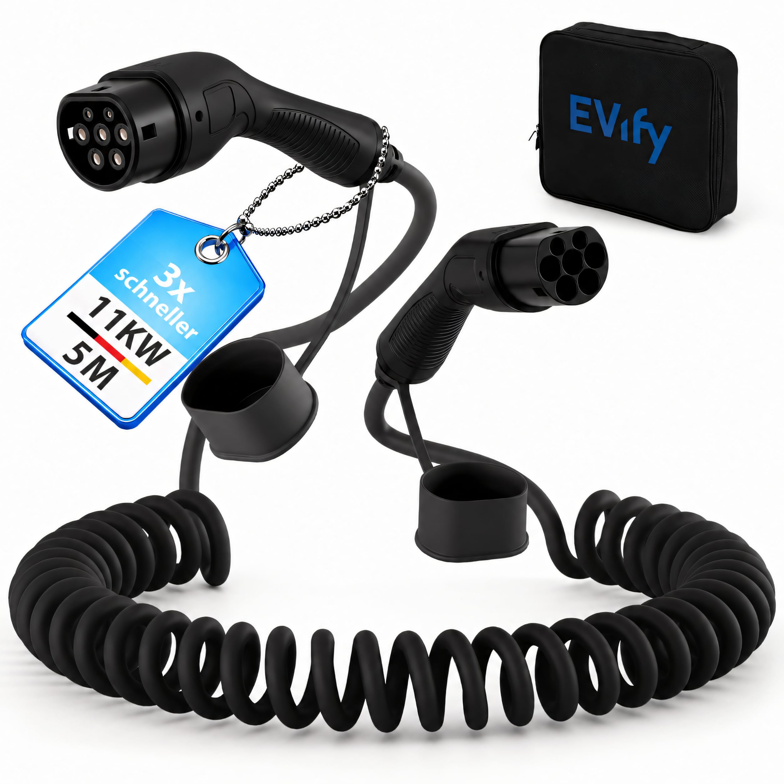 Cable de carga en espiral tipo 2, 11 kW, 5 m, 16 A, para coche eléctrico e híbrido, incluye bolsa de cables, cable en espiral de 3 fases para EV PHEV • Ahorro de espacio, adecuado para todos los