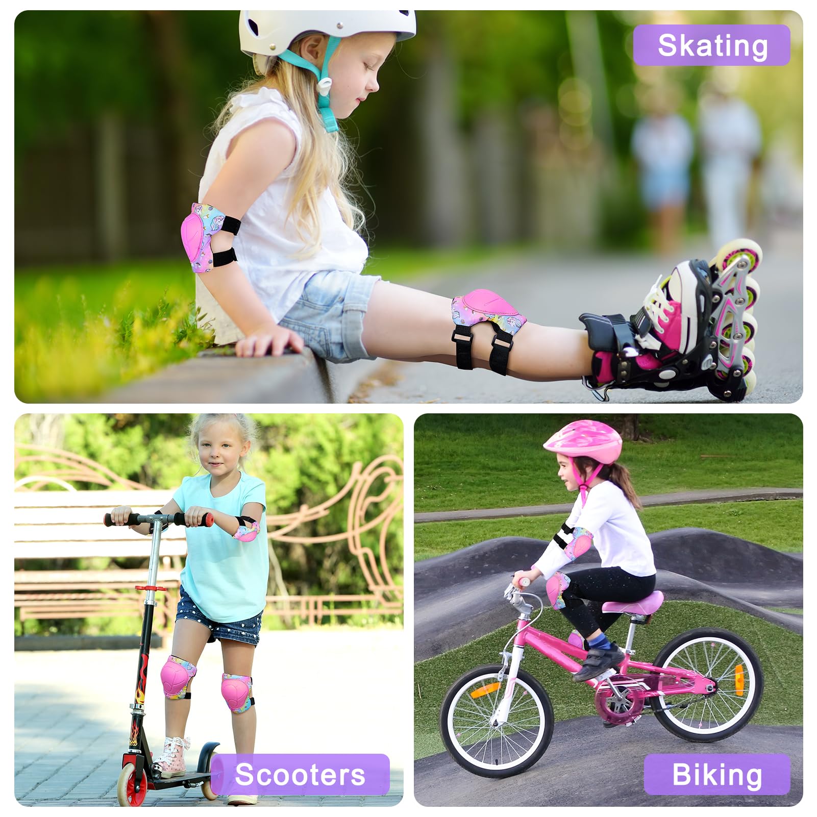 Unicorn Castle Protezione Kit per Bambini 3-8Anni, Protezioni Set per Bambini, Regolabile Ginocchiere Set di Gomitiere per Sci Skateboard Pattinaggio Monopattino Sport Estermi