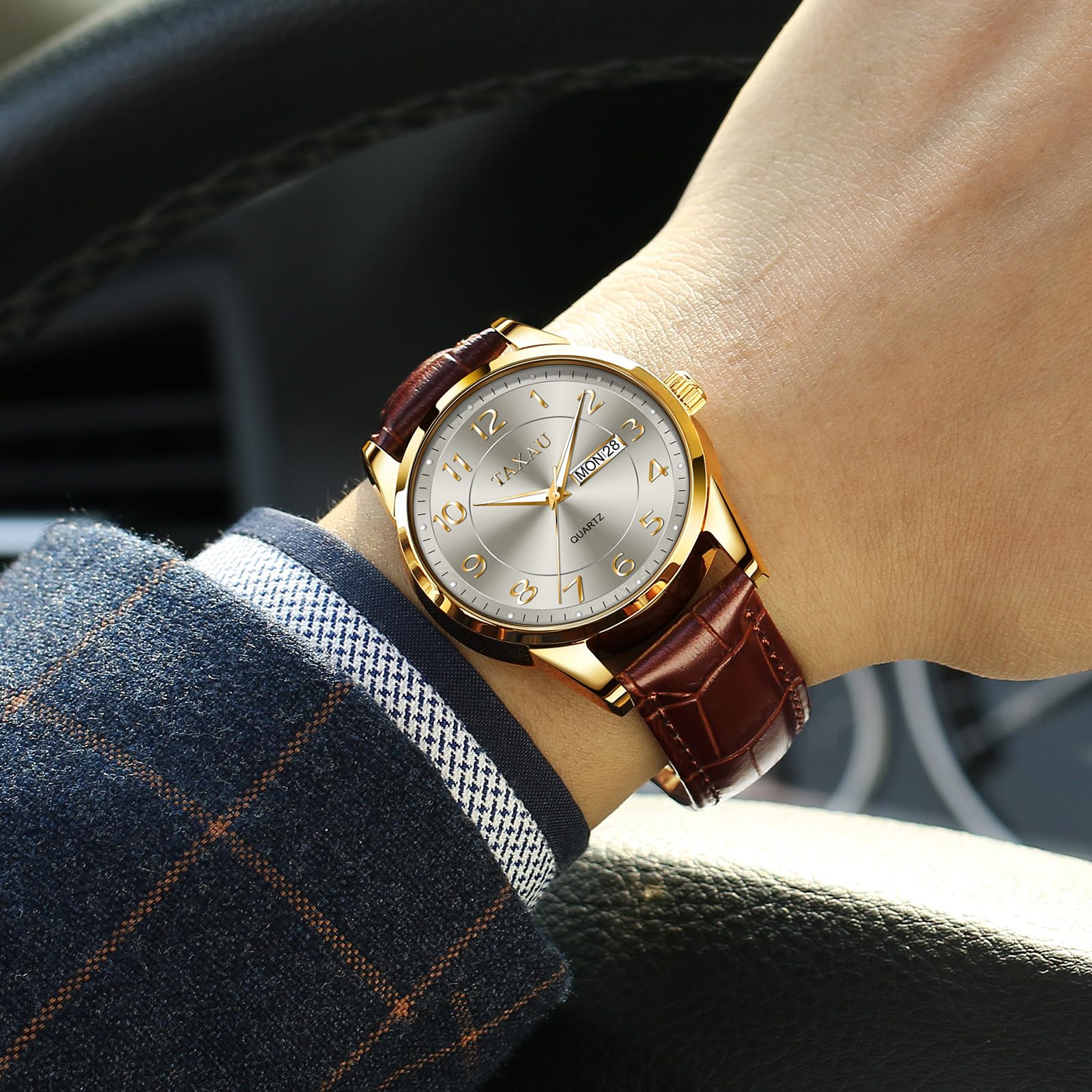 Taxau Herren Armbanduhr Leder Wasserdicht Business Herrenuhr Analog mit Arabischen Ziffern,Datums- und Wochentagsanzeige,Klassische Freizeit Uhr,Luxus Armbanduhr für Büro,Hochzeit