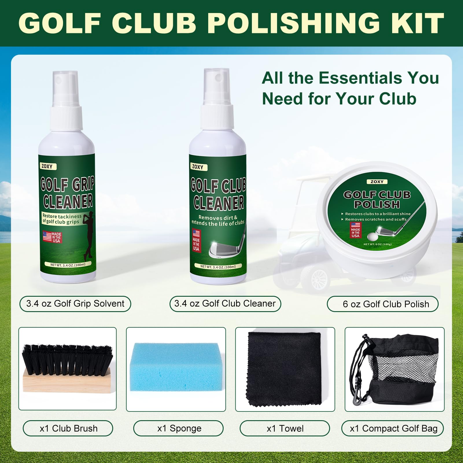 ZOXY Kit de limpieza de club de golf - Limpiar, pulir y restaurar planchas, conductores, putters - Kit de pulido de club de golf con pulido de club de golf, limpiador de club de golf