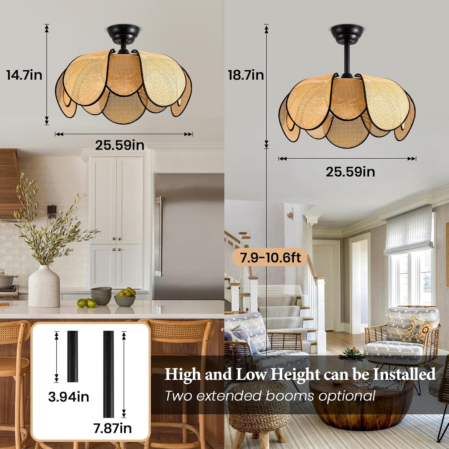 Rattan Fandelier Ceiling Fans with Lights,Boho Black Chandelier Ceiling Fan with Light Remote,Flush Mount Chandelier Ceiling Fan with 6 Speeds Fandelier for Bedroom, Living Room,Kitchen,26inch