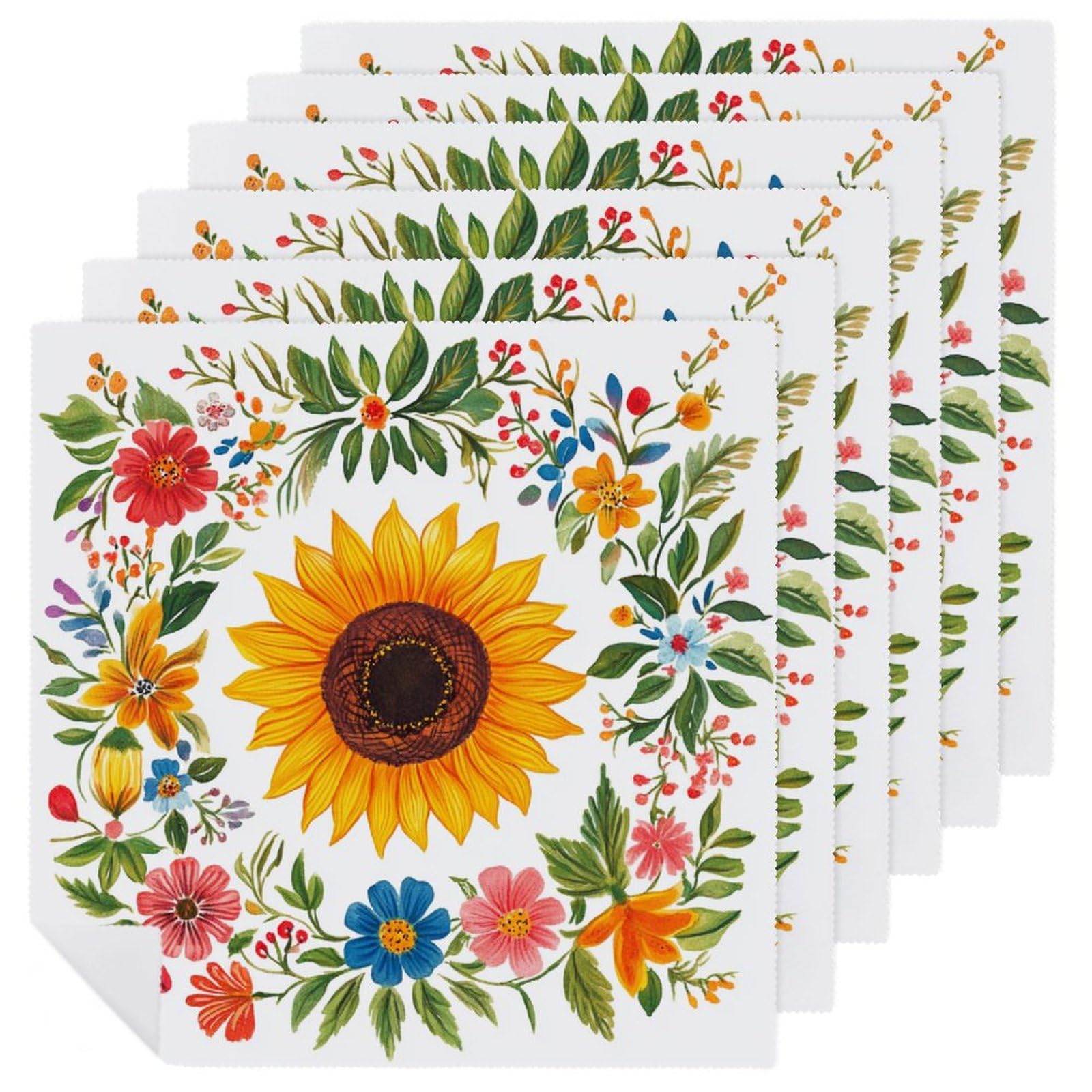 Watercolor Sunflower Vintage Cloth Napkins Set of 6, Square Premium Reusable Washable Polyester Table Linen Napkin for Dinner Party