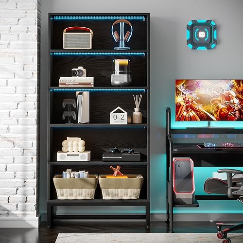 Miniatura 7 de Tribesigns Estantería Alta Negra Librero, Estanterías Grandes de 70.8" Pulgadas Organizador con Luces LED, Estantería de Biblioteca Independiente de