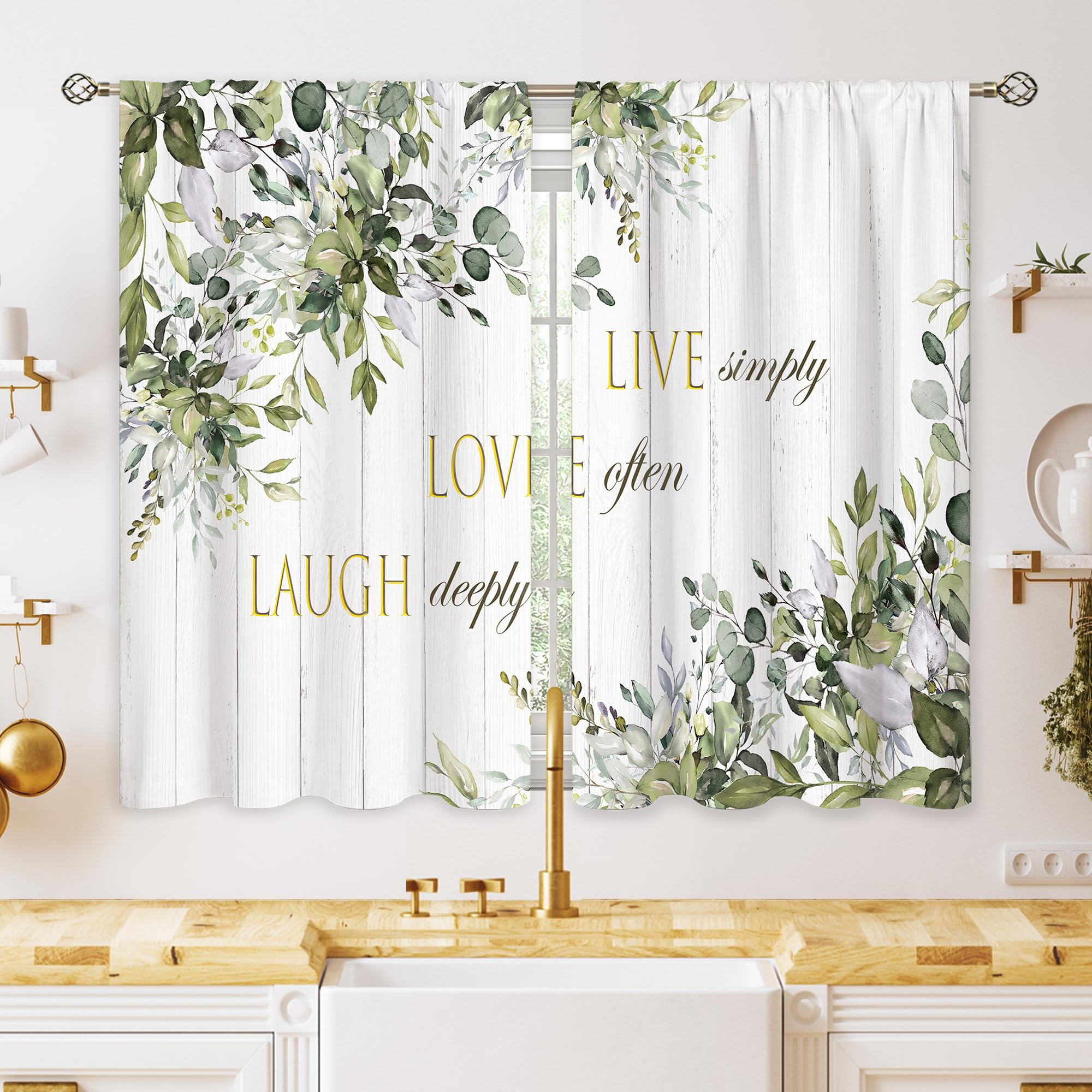 oolygoo Farmhouse Wooden Eucalyptus Small Kitchen Curtains Botanical Leaf Inspirational Window Treatment Flower Cafe Short Window Curtains for Bathroom Dining Laundry Room Tier Treatment Drapes — image 1