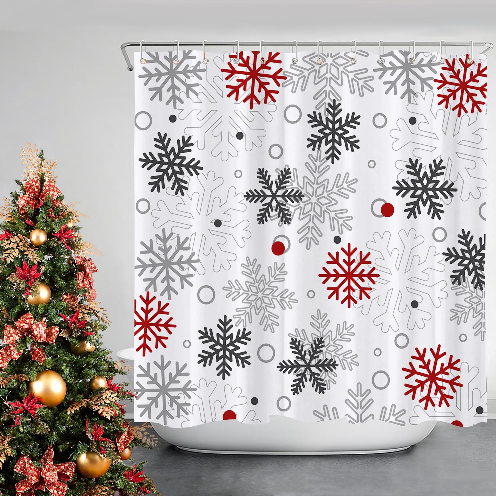 JOOCAR Christmas Snowflakes Shower Curtain Winter Red Grey White Snowflake Waterproof Shower Curtains for Bathroom Merry Xmas New Year Holiday Bathroom Shower Curtain Set including Hooks 72x72 Inch - Image 4